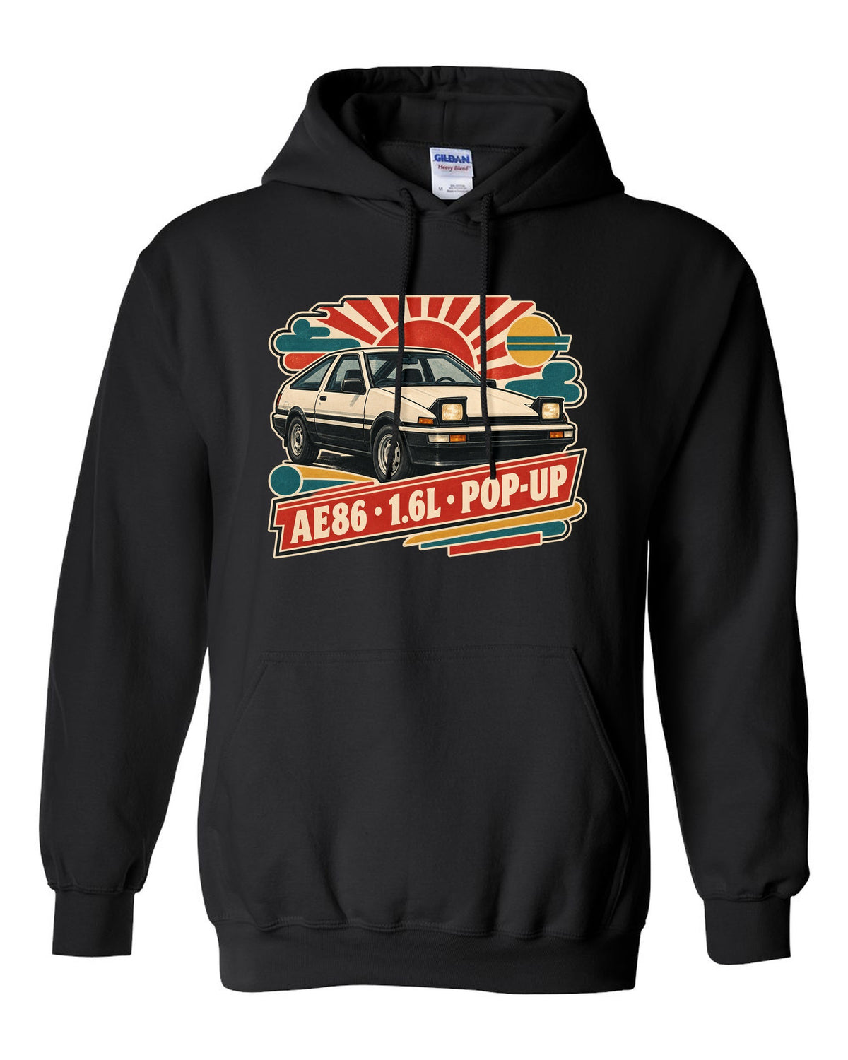 Retro Japanese Showa catalogue ad style print of a 1985 Toyota Sprinter Trueno AE86 with pop-up lettering black pull over hoodie front view with the design