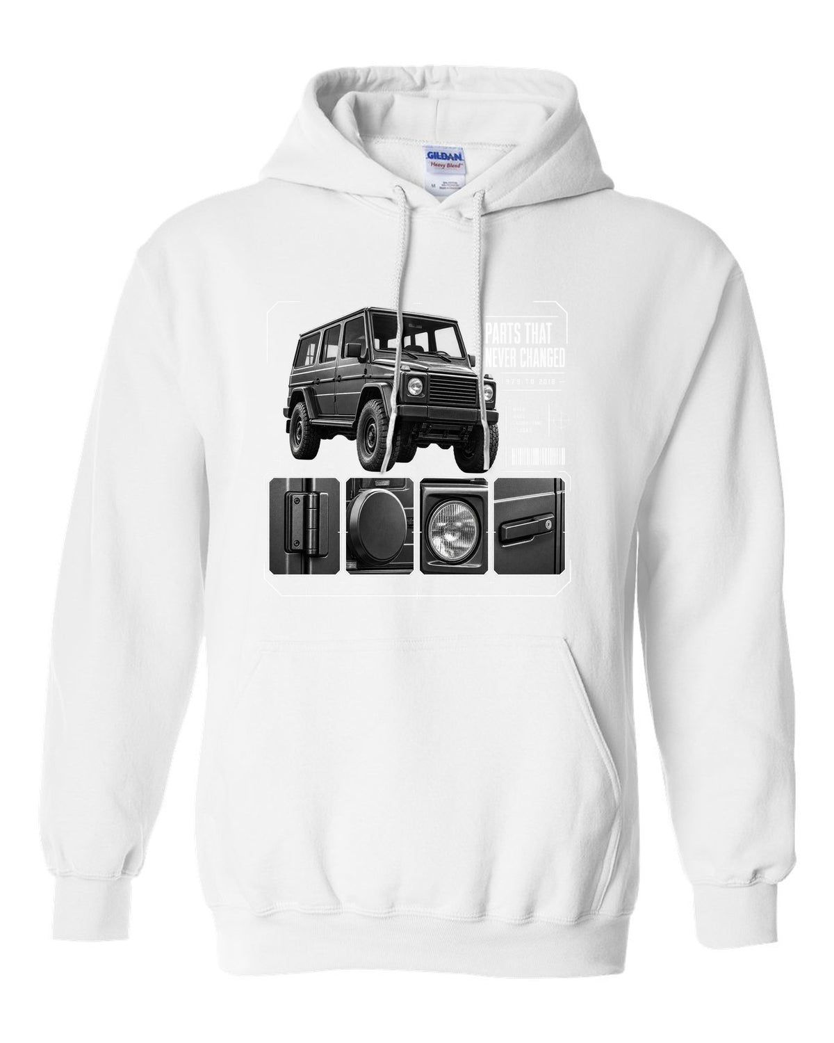 Three-panel dossier print of a Mercedes G-Class W463 with Parts T Never Changed lettering white pull over hoodie front view with the design