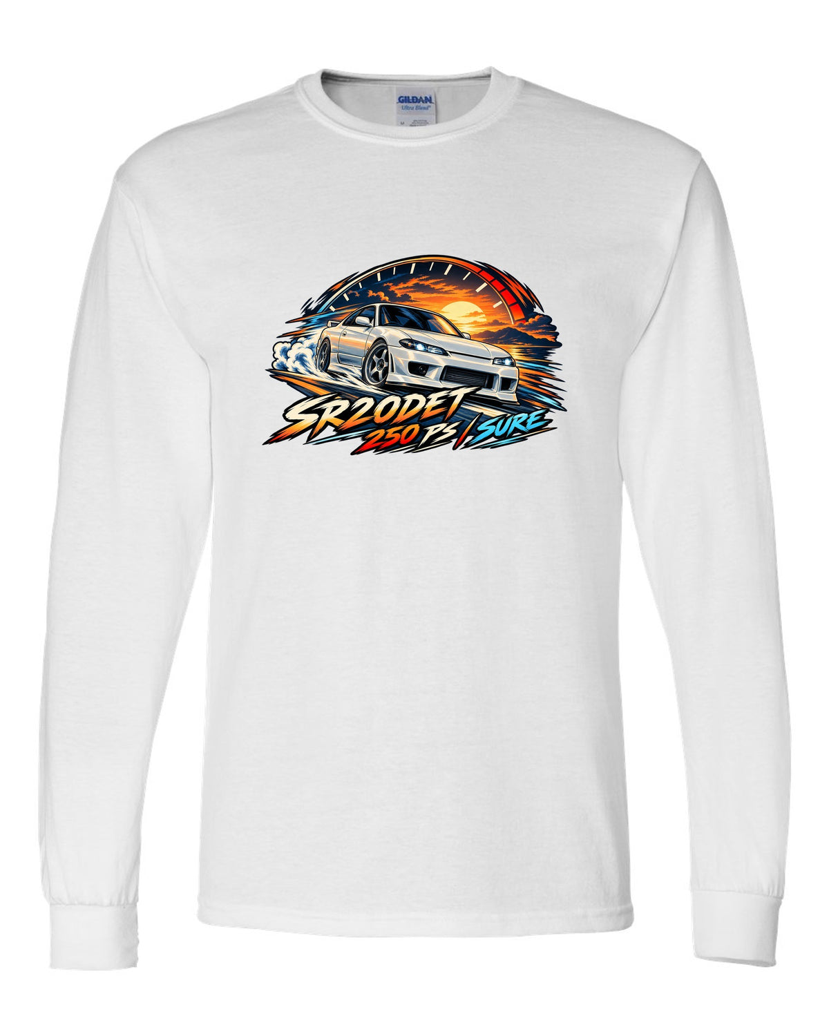 Cel-shaded anime print of a Nissan Silvia S15 with redline arc and SR20DET 250 PS text white long sleeve front view with the design