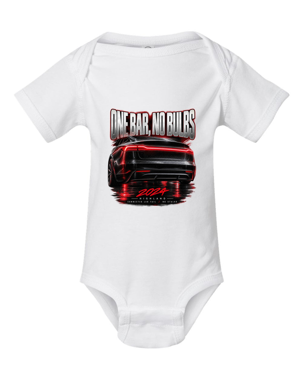Taillight macro print of a 2024 Tesla Model 3 Highland connected LED tail white baby onesie front view with the design