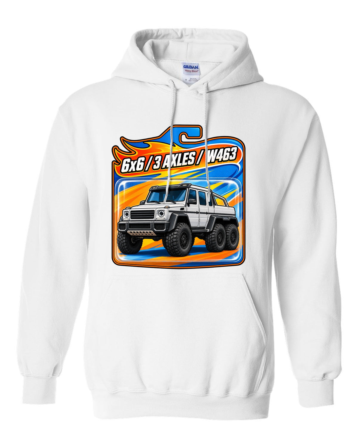 Toy blister card graphic of a Mercedes G63 6x6 W463 with three axles, print white pull over hoodie front view with the design