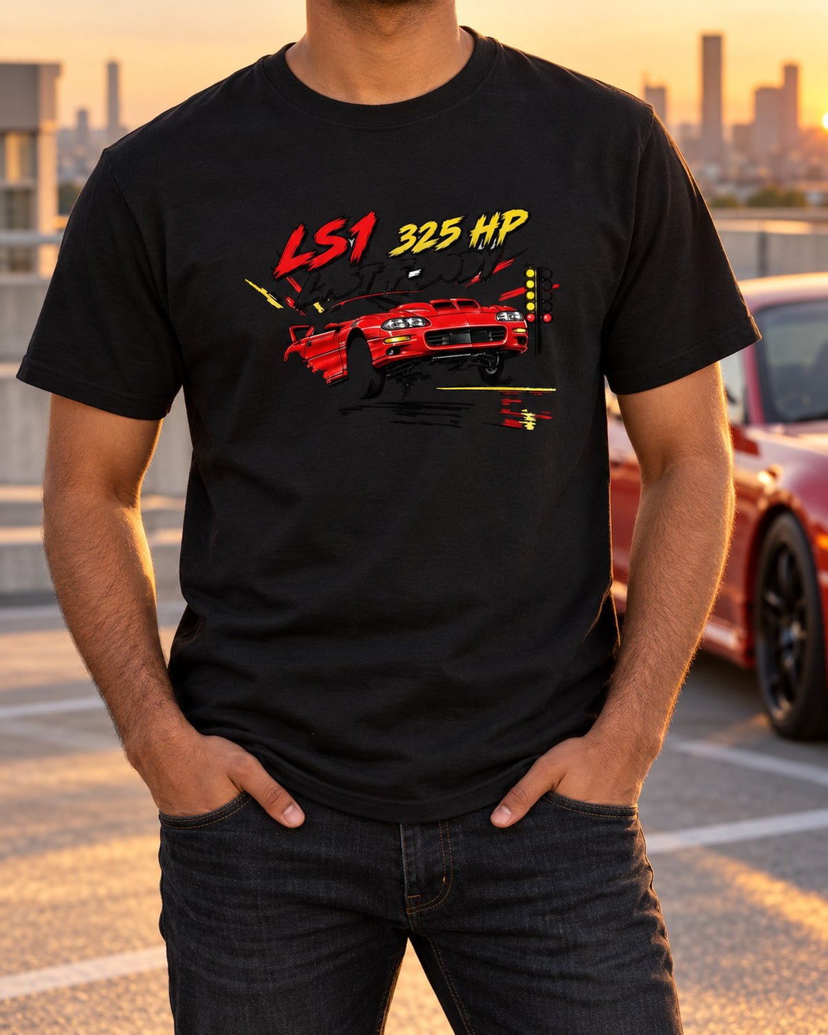 2002 Camaro SS LS1 Retro Manga Panel Tee, Last F-Body T-Shirt Black worn hero