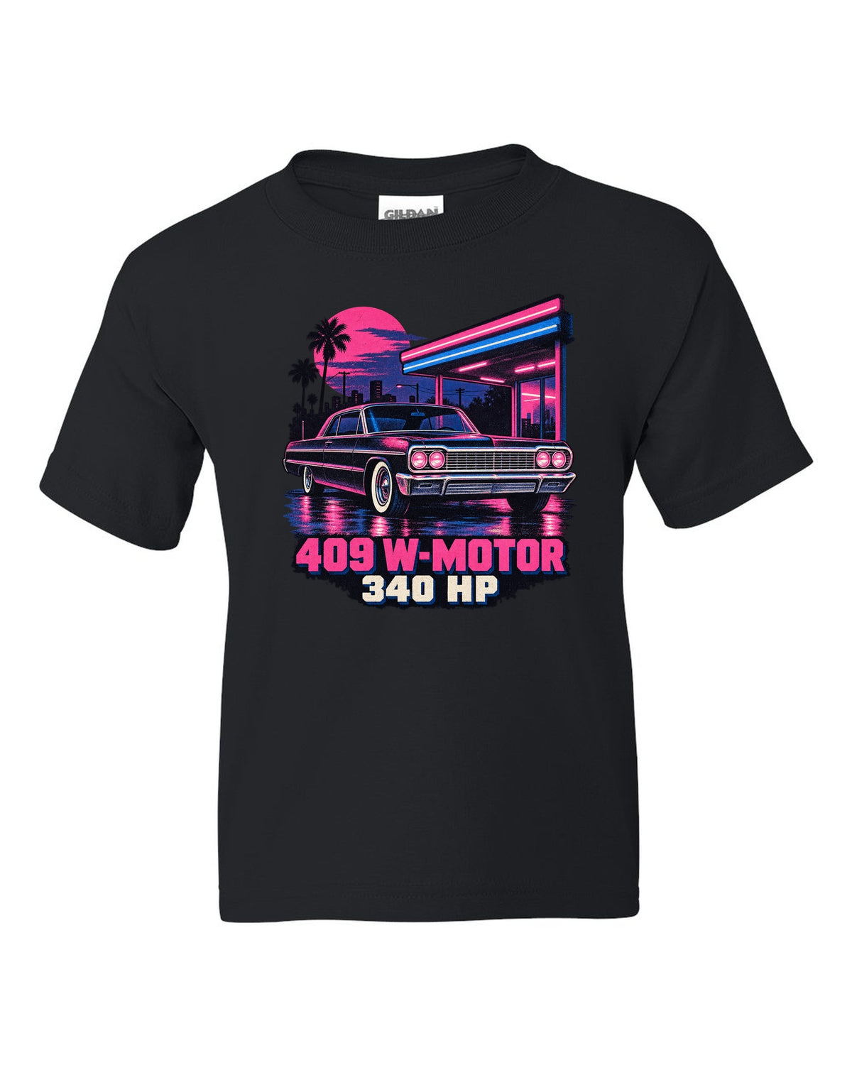 1964 Chevrolet Impala SS in pink and blue risograph neon rain with text 409 W-Motor 340 HP black kids tee front view with the design