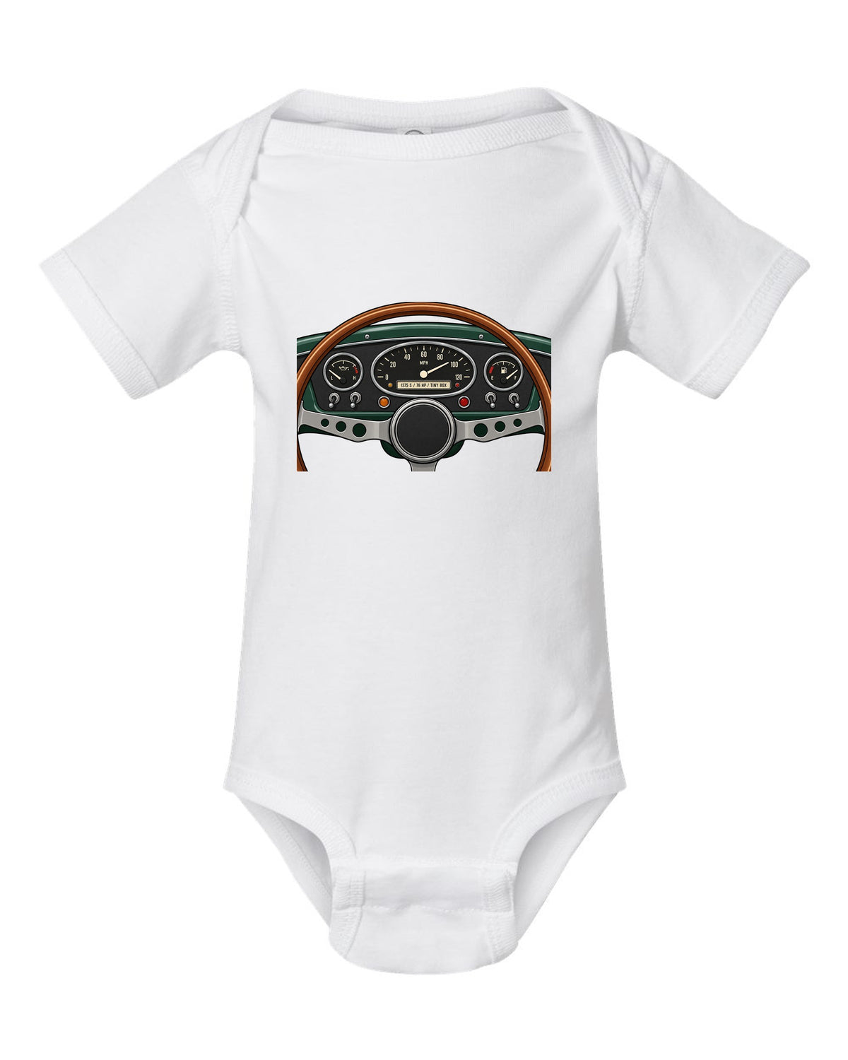 Gauge cluster readout for a classic Mini Cooper S with 1275 S and 76 HP white baby onesie front view with the design