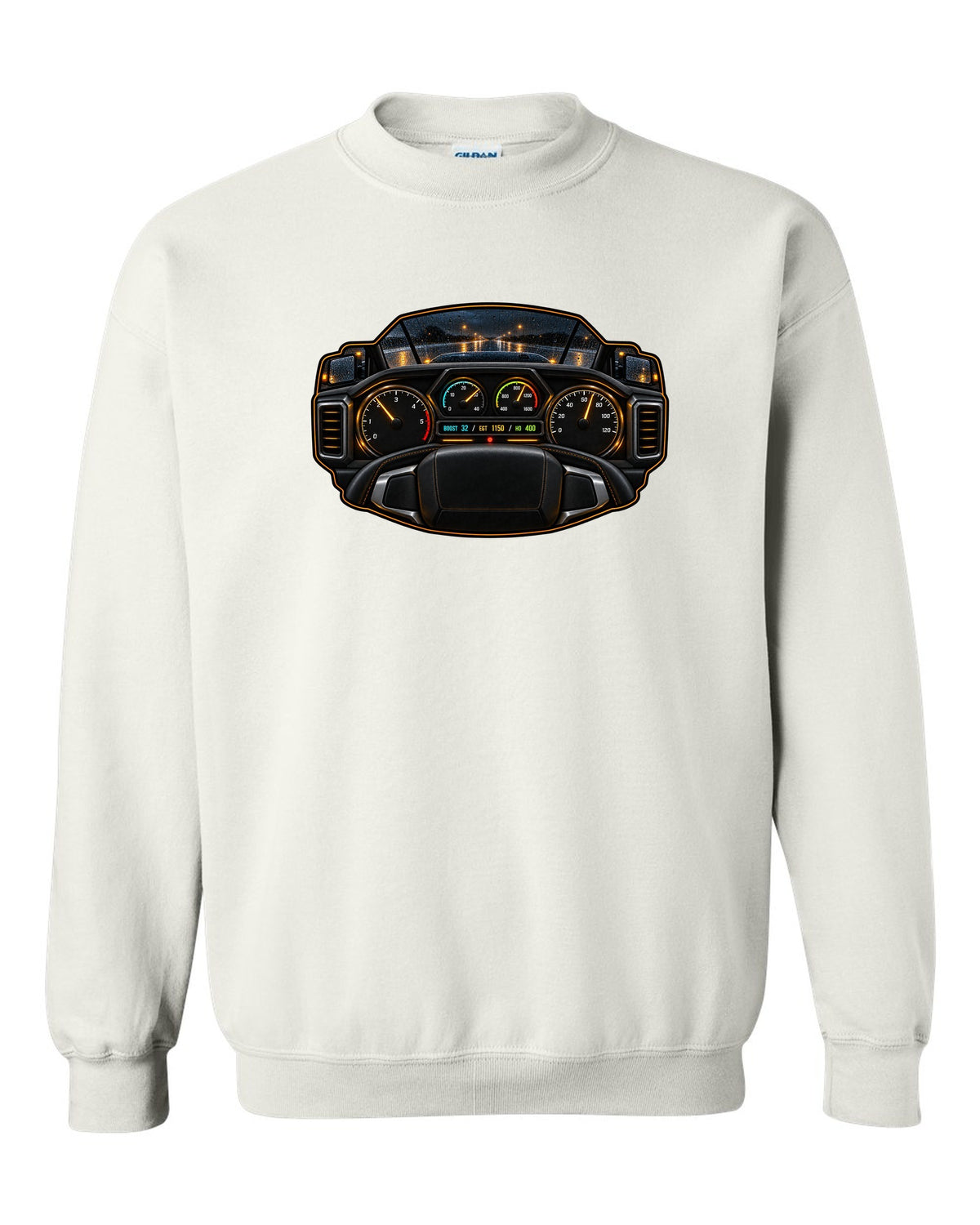 Night gauge-cluster HUD print of a 2019-2024 Ram HD 6.7 HO showing boost 32 EGT 1150 HO 400 white crewneck front view with the design