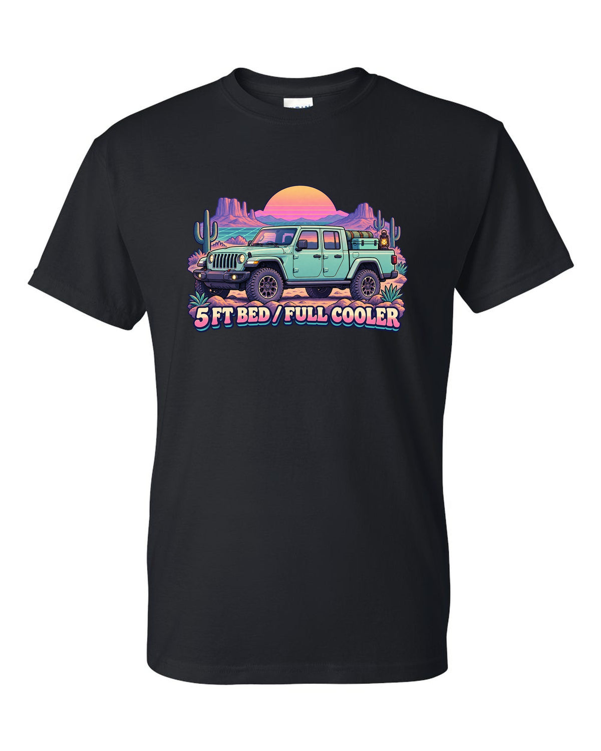 Vaporwave pastel print of a Jeep Gladiator JT in a desert camp with cooler text black t-shirt front view with the design