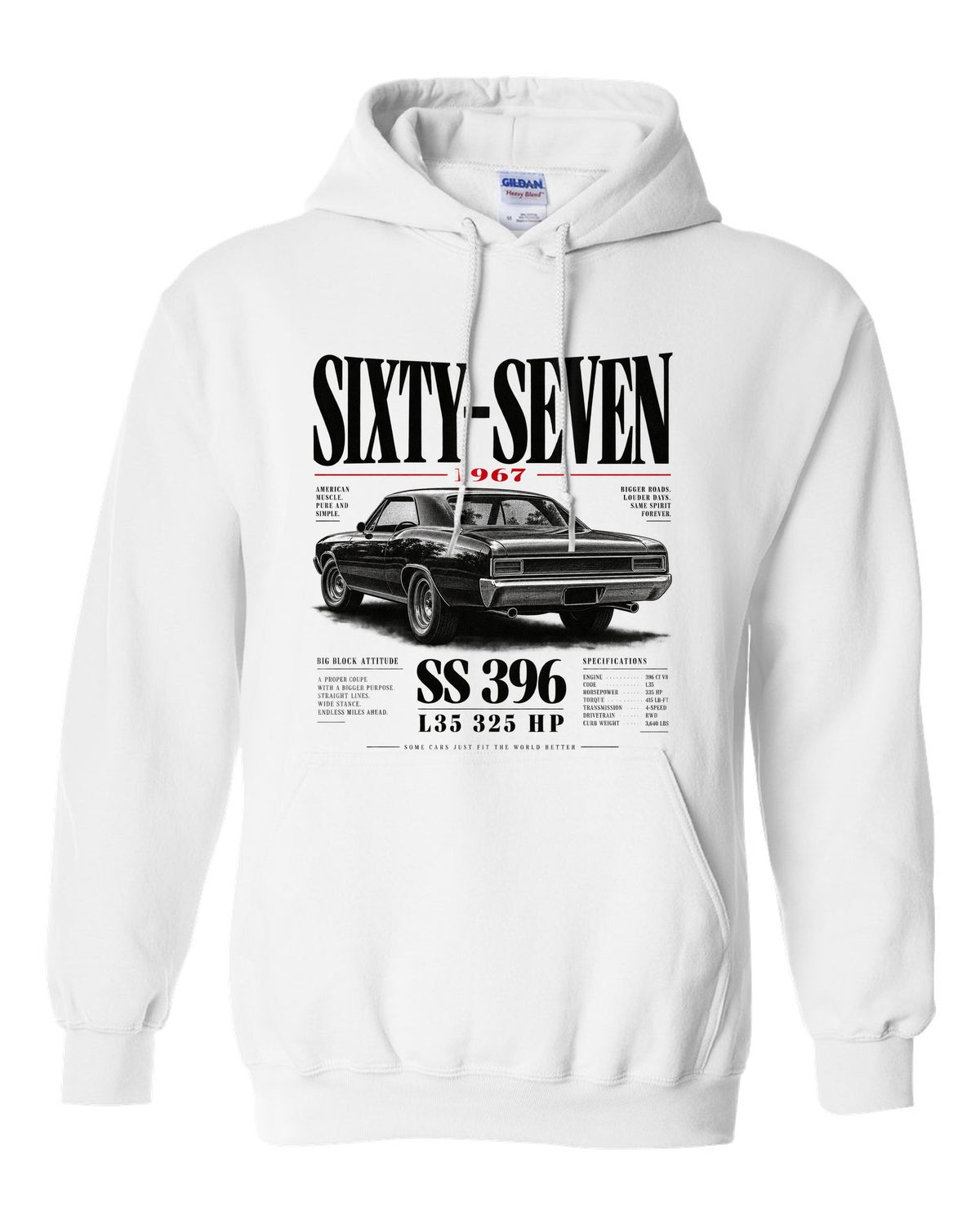1967 Chevelle SS 396 rear three-quarter editorial headline print white pull over hoodie front view with the design