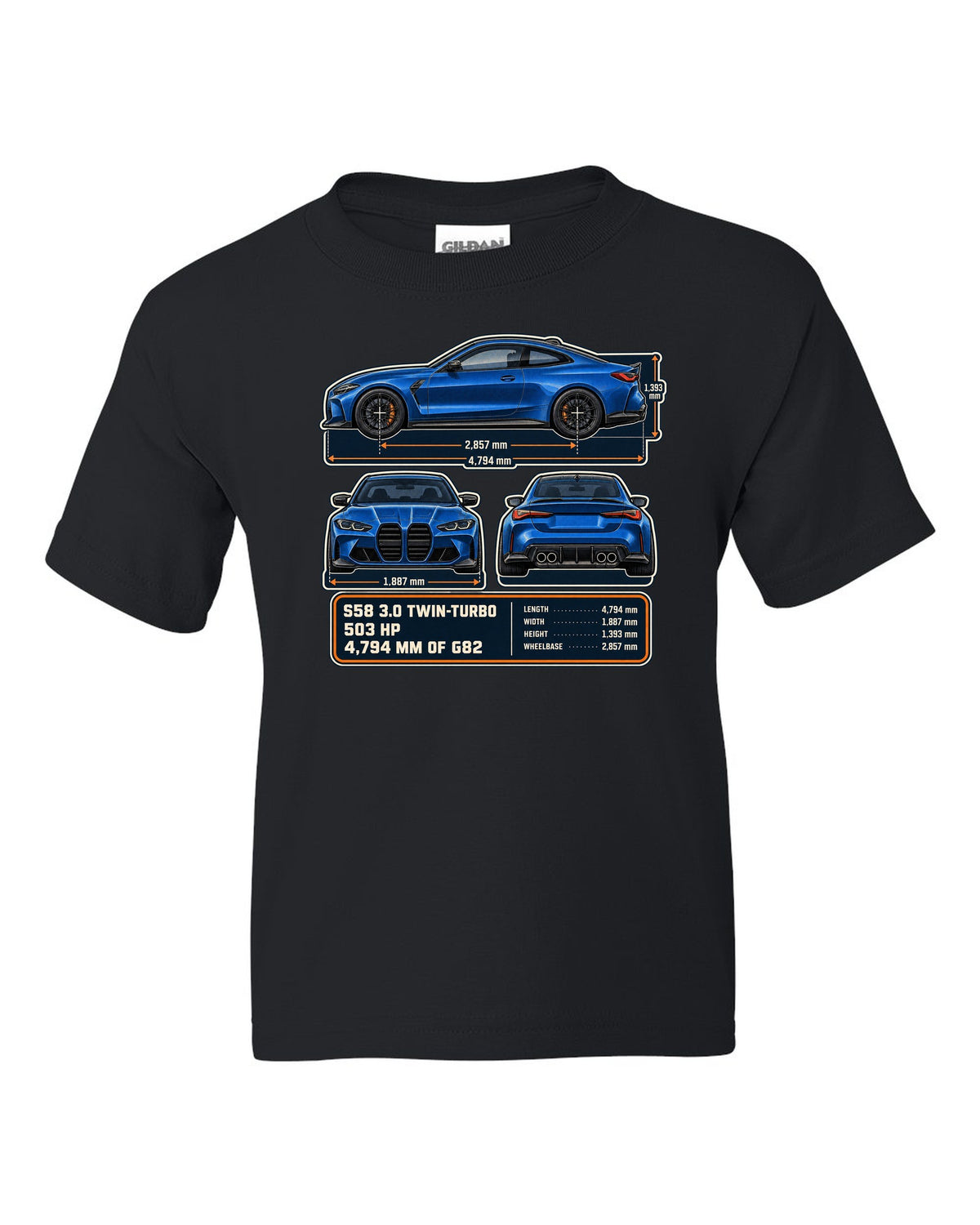 BMW M4 Competition G82 dimension blueprint print with S58 specs black kids tee front view with the design