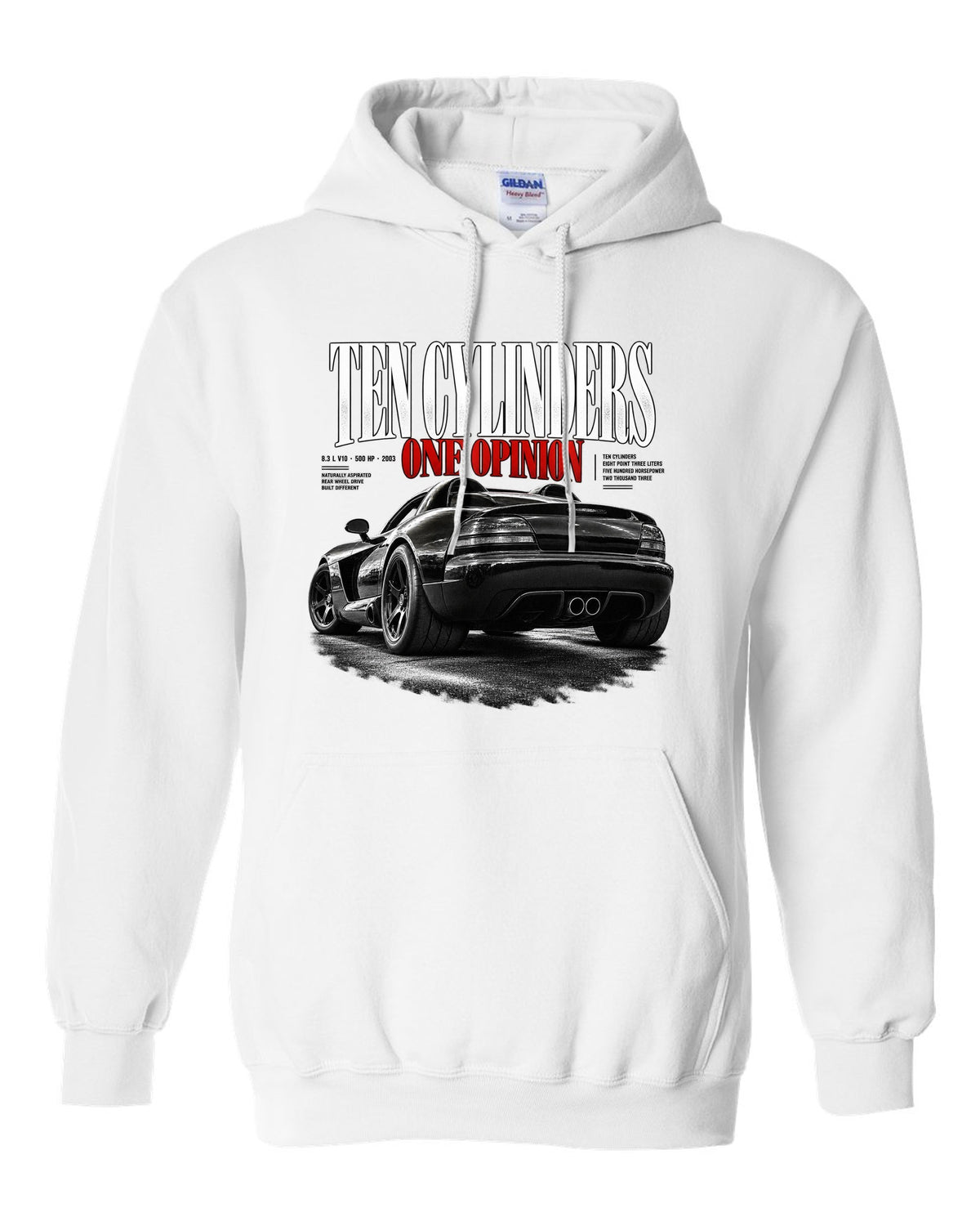 2003 Dodge Viper SRT-10 ZB I rear three-quarter editorial headline print white pull over hoodie front view with the design