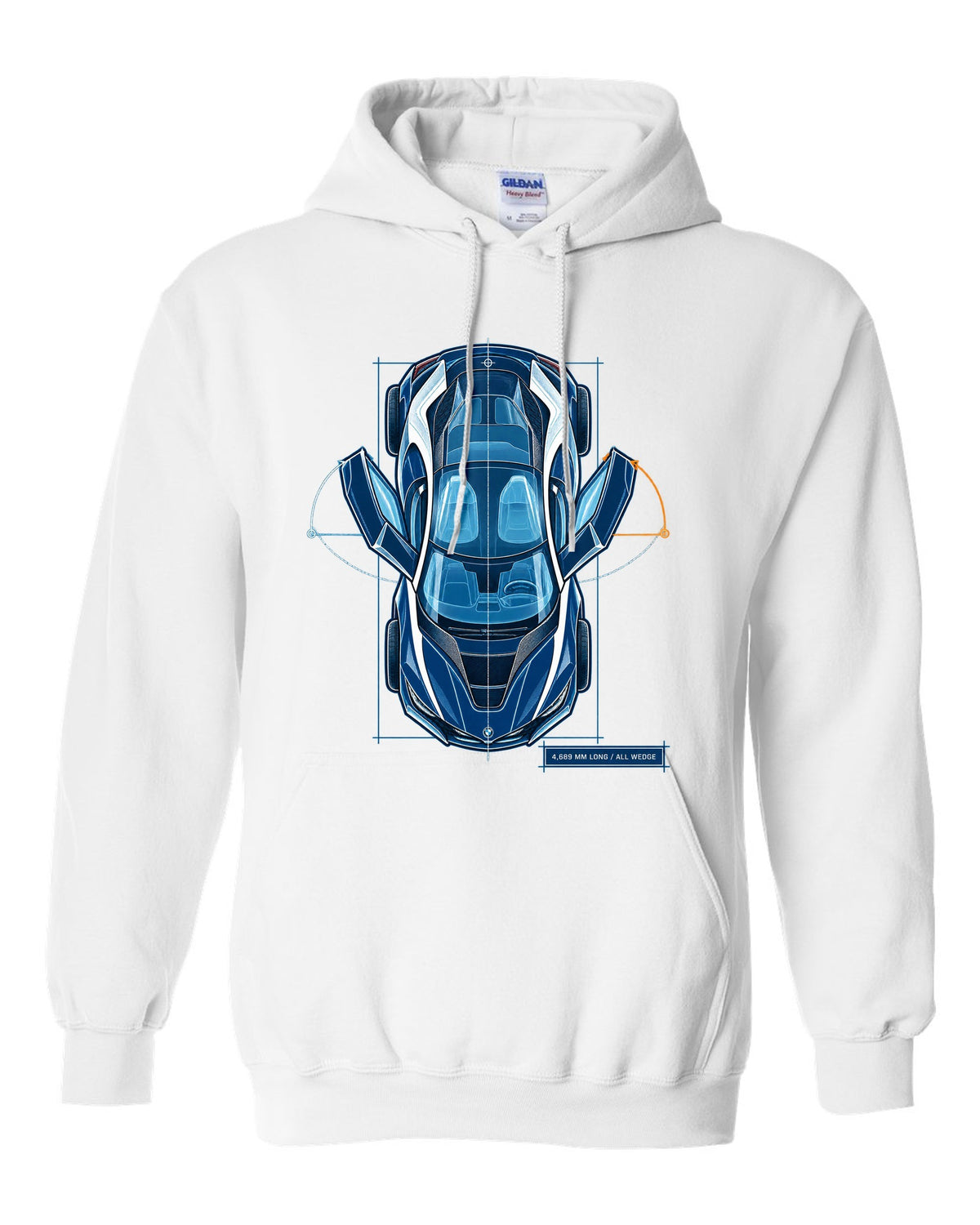 BMW i8 I12 cyanotype blueprint plan view print with 4,689 mm long text white pull over hoodie front view with the design