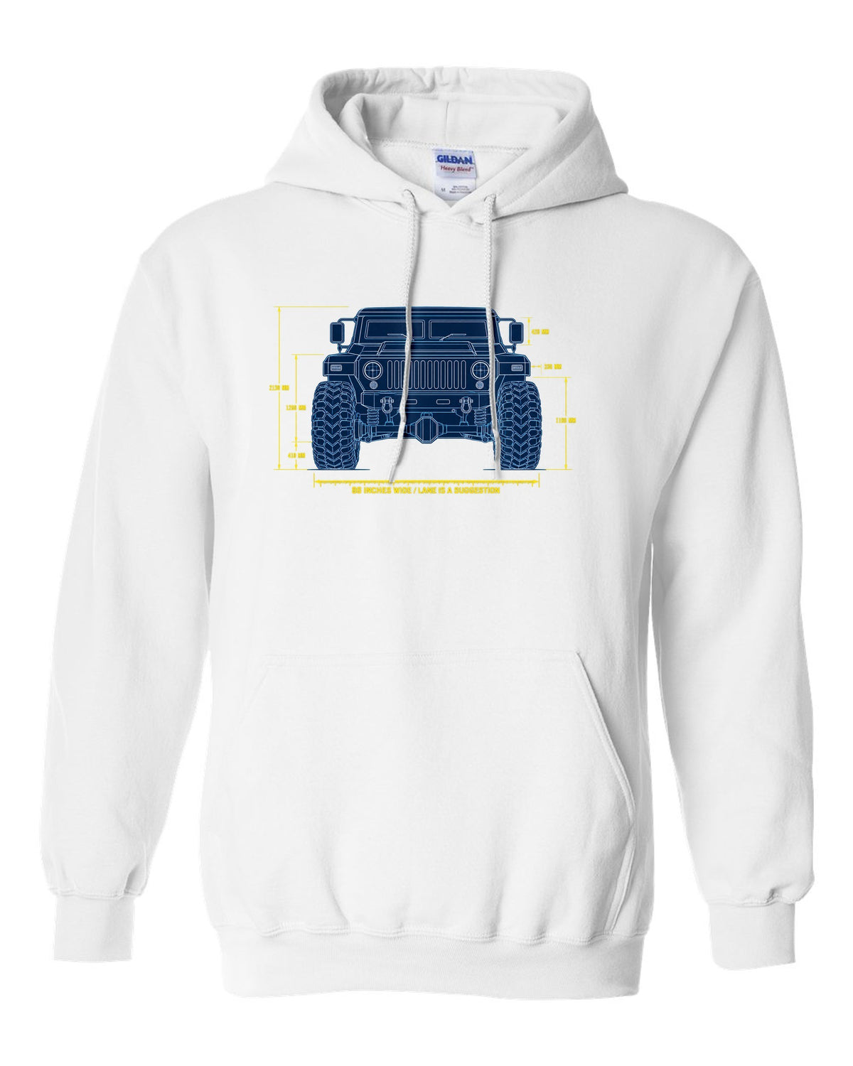 Blueprint patent line art print of the Hummer H1 M998 lineage with 86 inches wide text white pull over hoodie front view with the design