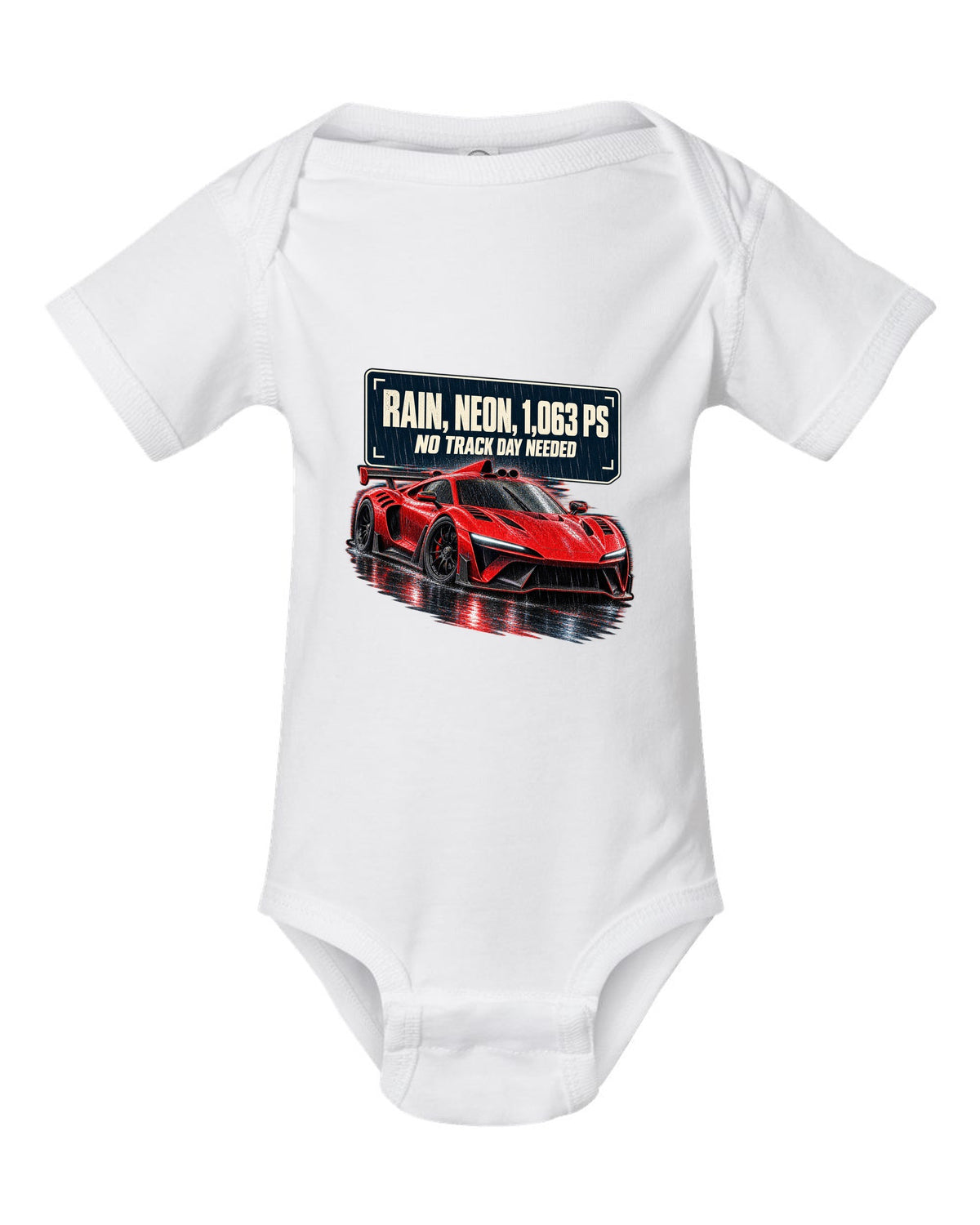 Mercedes-AMG One hypercar on a rainy neon night street white baby onesie front view with the design