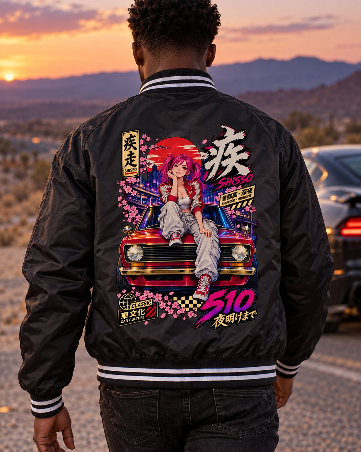 SHISSO 510 Anime Girl Full-Back Graphic Tee Bomber Jacket Black worn hero