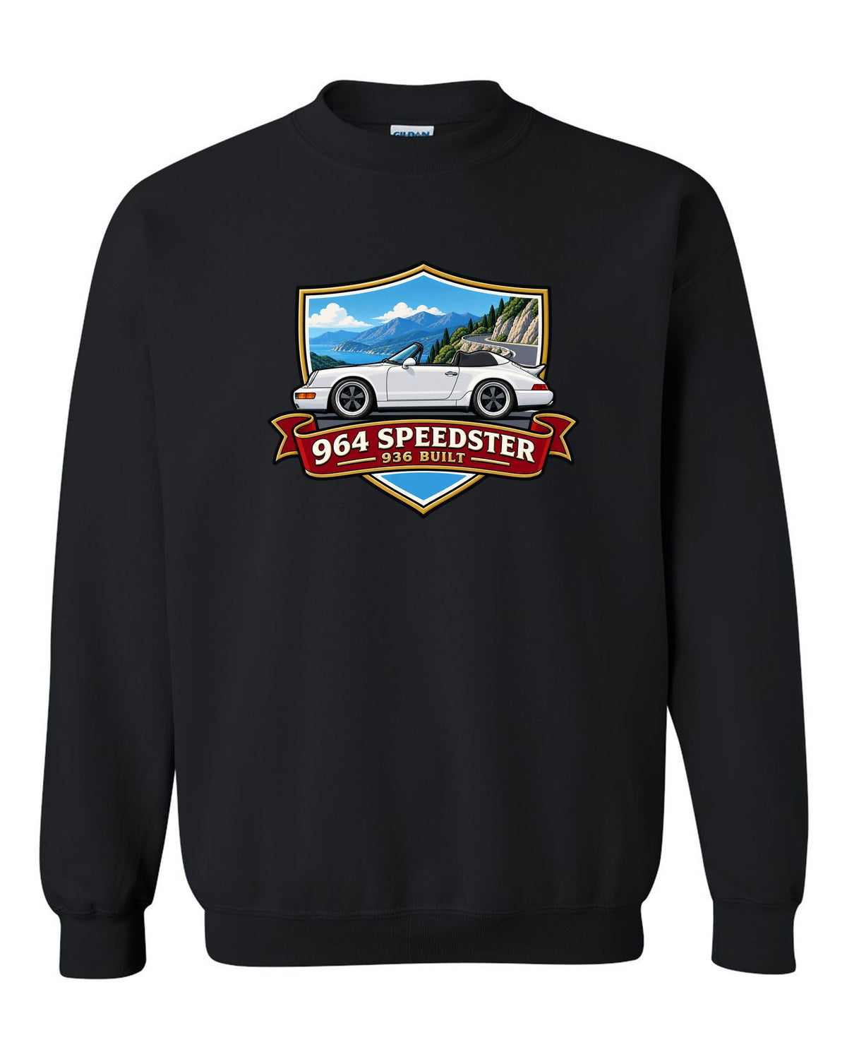 Shield crest design for the Porsche 964 Speedster with 936 built lettering black crewneck front view with the design
