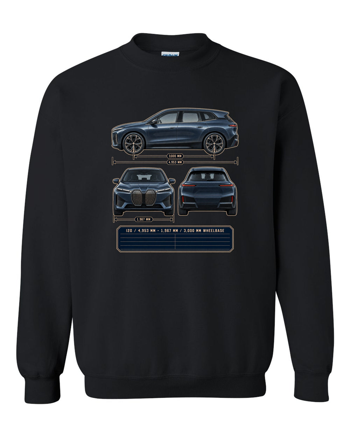 Three-view drawing and spec table print of the BMW iX M60 I20 black crewneck front view with the design