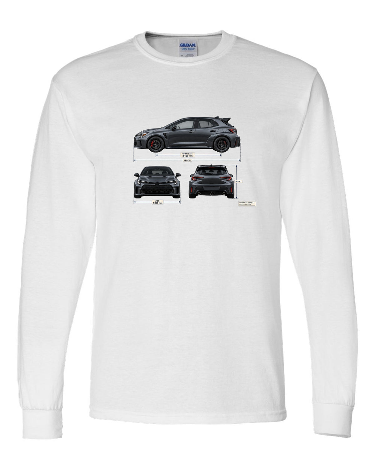 Toyota GR Corolla Core chback in Heavy Metal grey-blue with editorial headline text white long sleeve front view with the design
