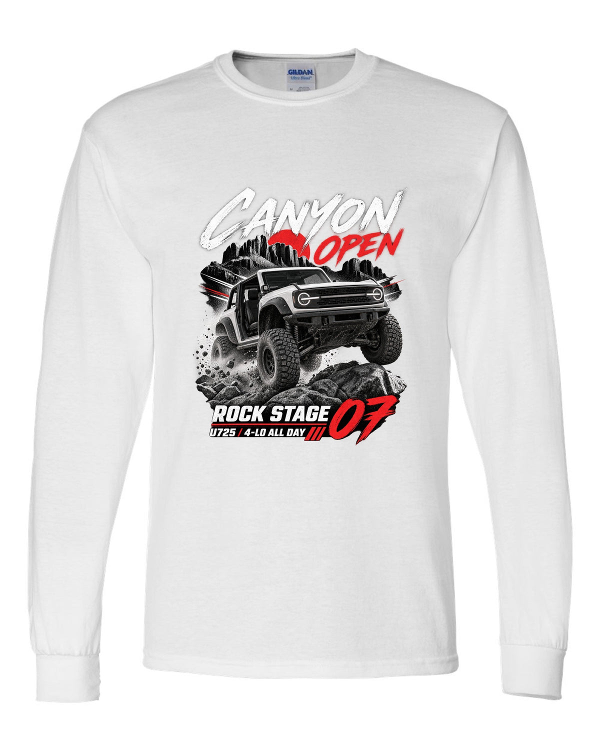 Ford Bronco 2021 two-door U725 race poster print with Rock Stage 07 and 4-Lo text white long sleeve front view with the design