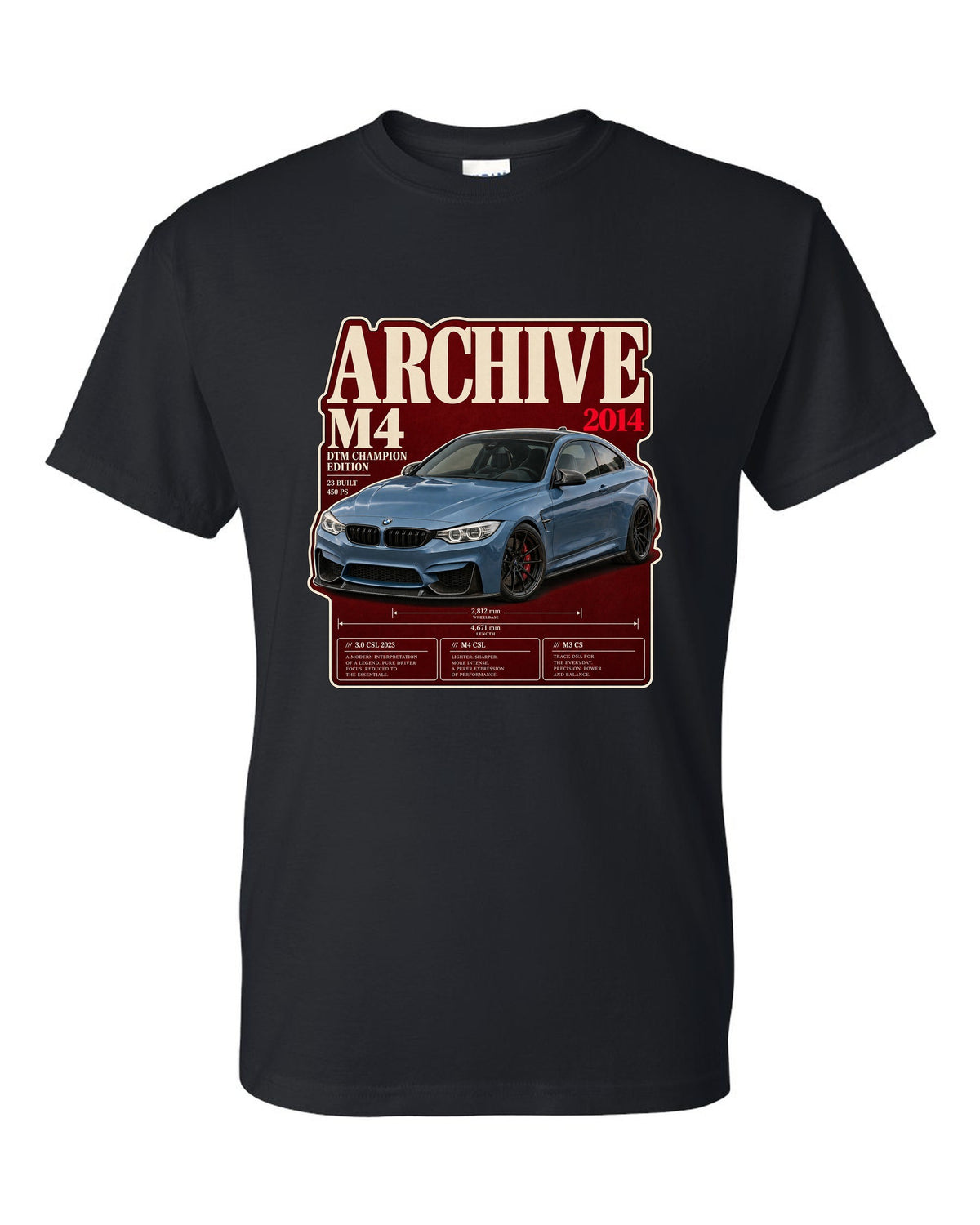 BMW M4 DTM Champion Edition F82 archive panel print black t-shirt front view with the design