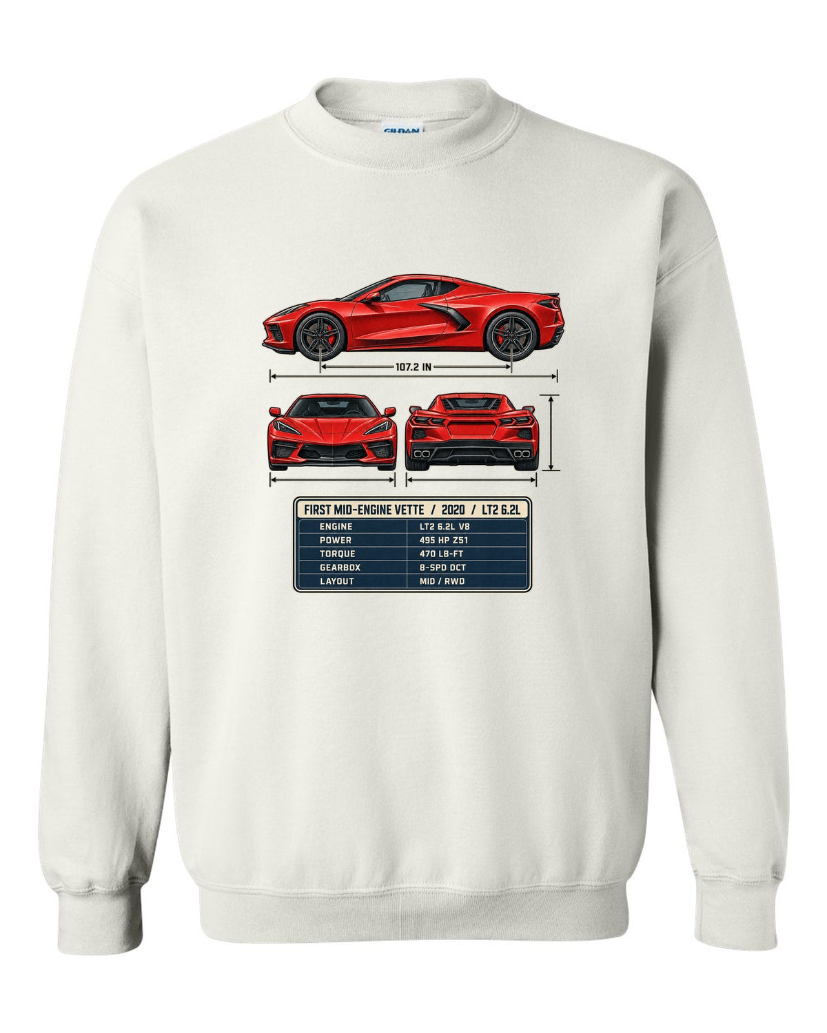 Three-view spec table print of a Chevrolet Corvette C8 Stingray with LT2 6.2L text white crewneck front view with the design