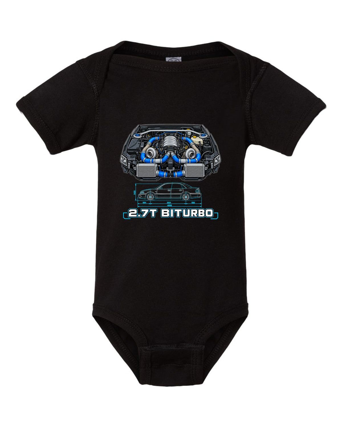 Technical blueprint print of an Audi S4 B5 with 2.7T Biturbo text black baby onesie front view with the design