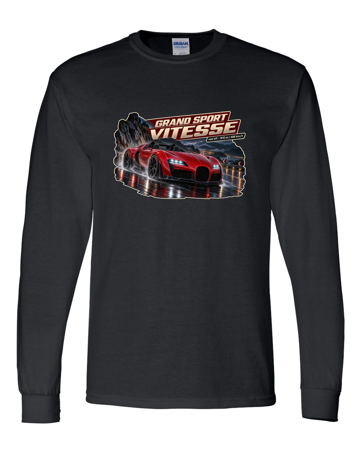 Night street poster of a Bugatti Veyron Grand Sport Vitesse with the roof off, print black long sleeve front view with the design