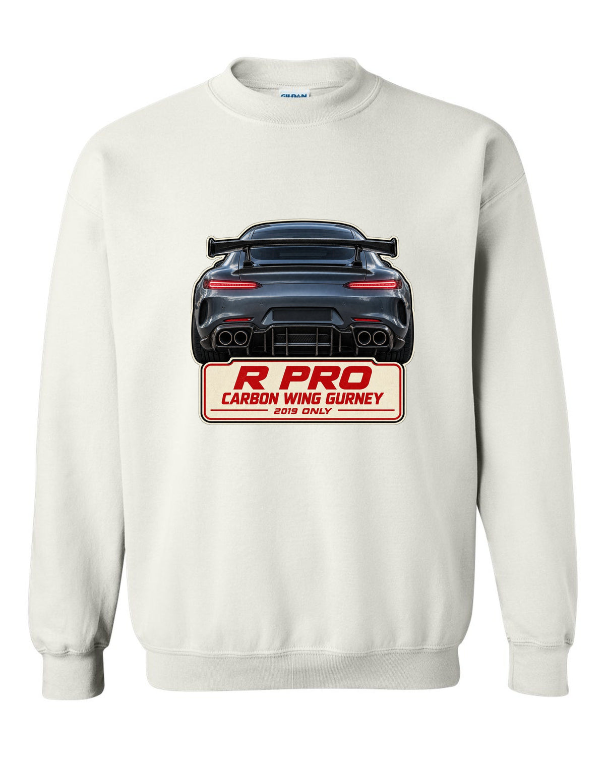 Mercedes-AMG GT R Pro C190 taillight macro print white crewneck front view with the design