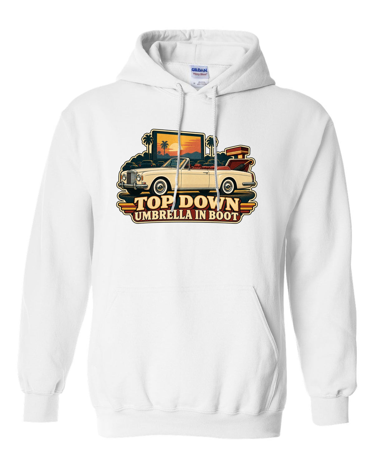 Retro Japanese showa catalogue style illustration of a 1971 Rolls-Royce Corniche convertible with TOP DOWN lettering white pull over hoodie front view with the design