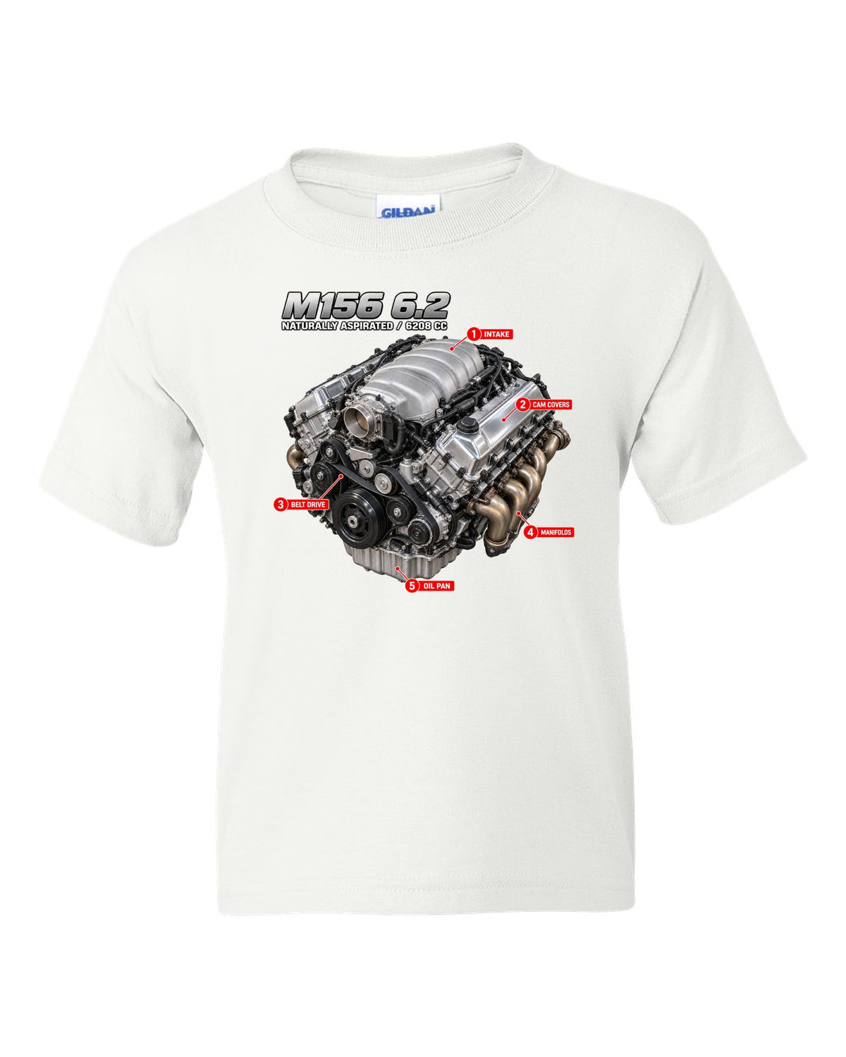 print of the Mercedes W204 C63 M156 6.2 V8 engine with text naturally aspirated 6208 cc white kids tee front view with the design