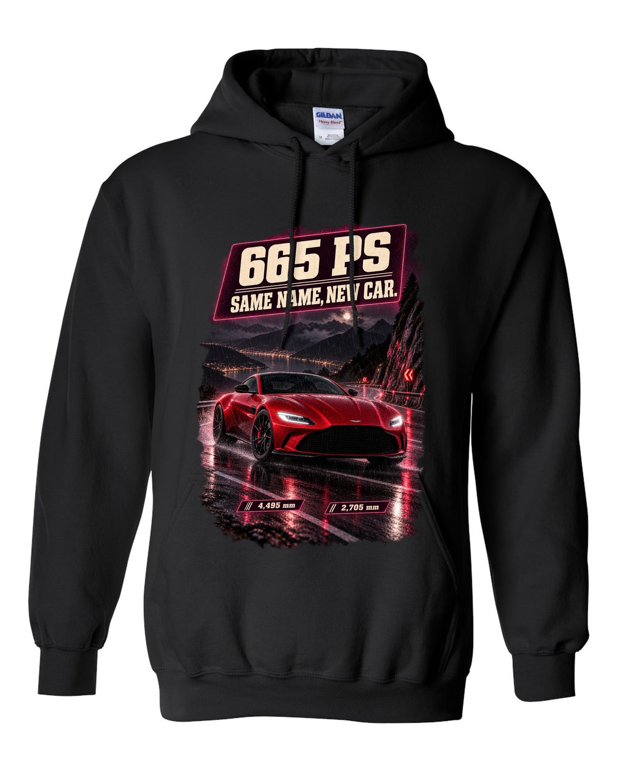 Aston Martin Vantage 2024 touge night street print with 665 PS text black pull over hoodie front view with the design