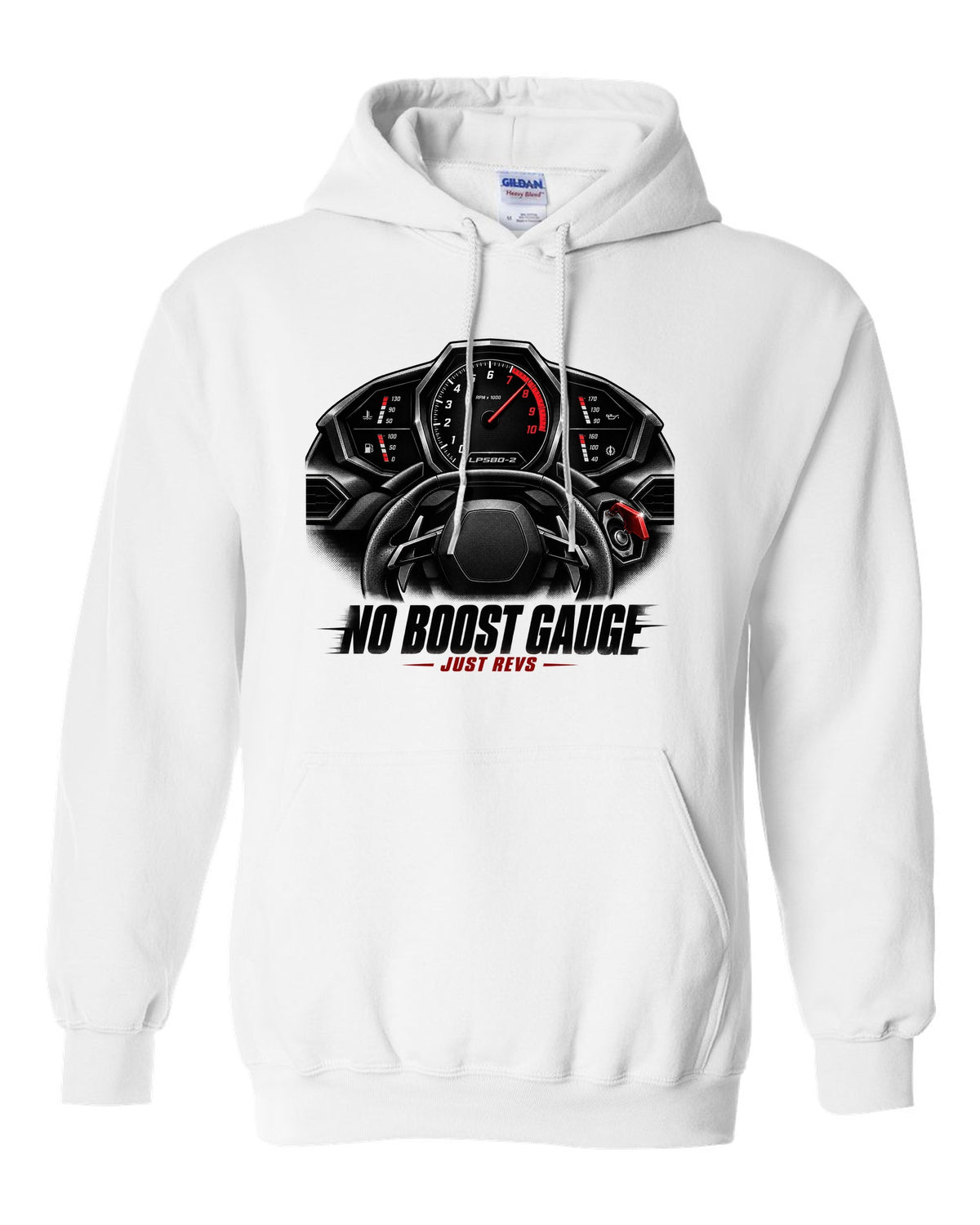 Cockpit gauge print of a Lamborghini Huracan LP580-2 with No Boost Gauge, Just Revs text white pull over hoodie front view with the design