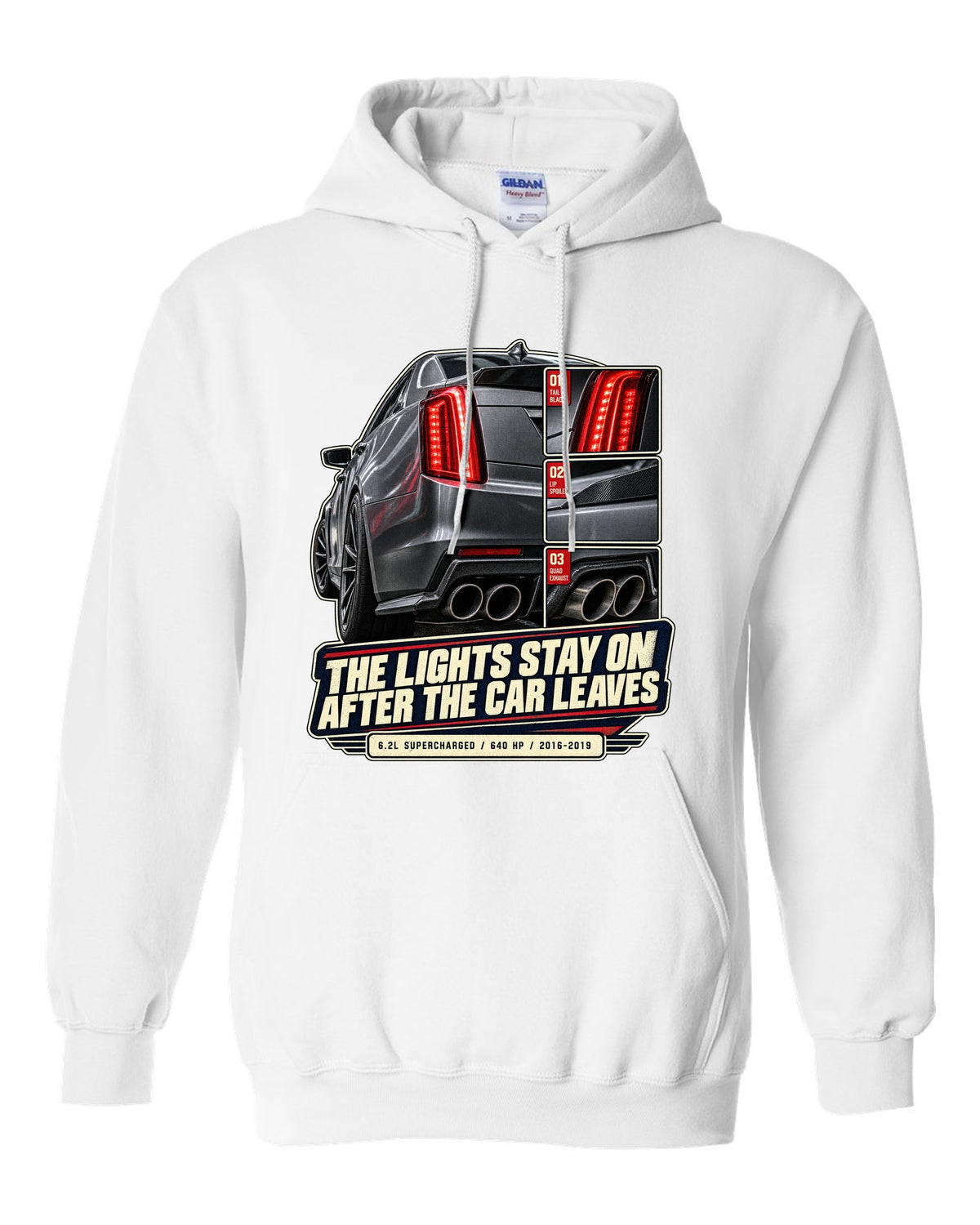 Rear taillight close-up print of a 2016-19 Cadillac CTS-V white pull over hoodie front view with the design