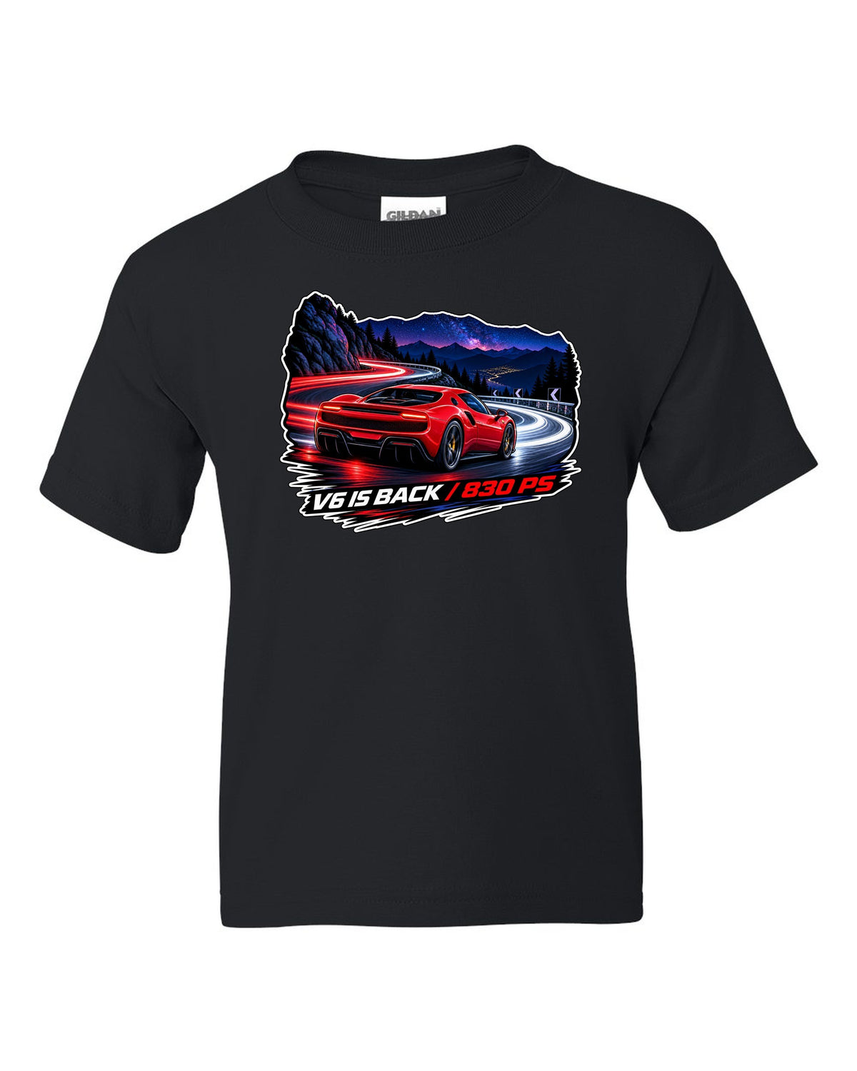 Long-exposure light trail print of the Ferrari 296 GTB with V6 is back text black kids tee front view with the design
