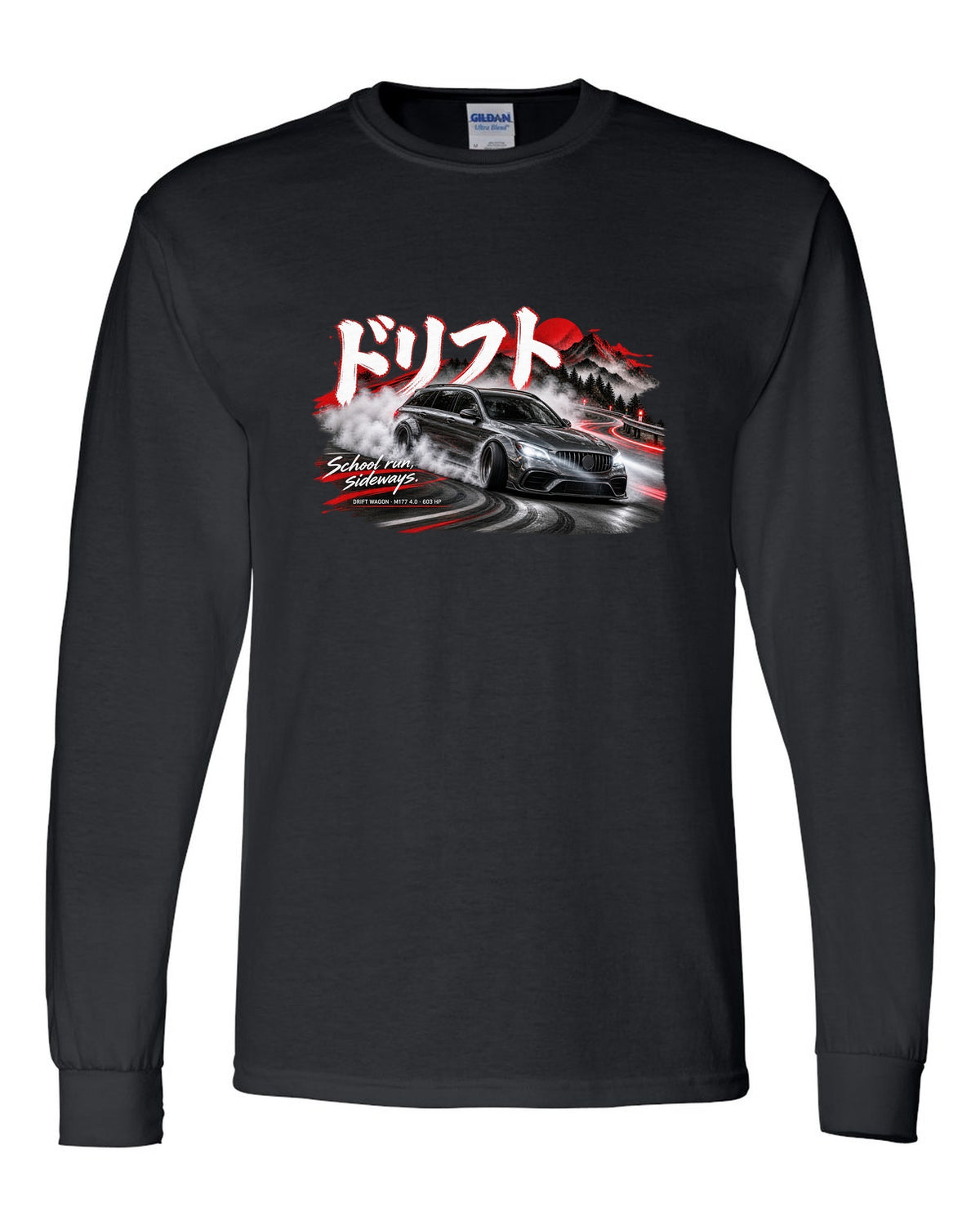 print touge drift night of a Mercedes W213 E63 S wagon with Japanese drift text and School Run Sideways black long sleeve front view with the design