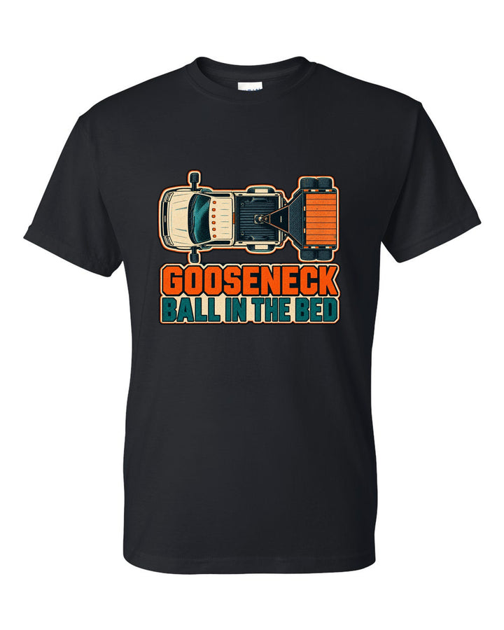 Top-down risograph print of a 2019-2024 Ram HD 3500 long bed with gooseneck ball in the bed text black t-shirt front view with the design