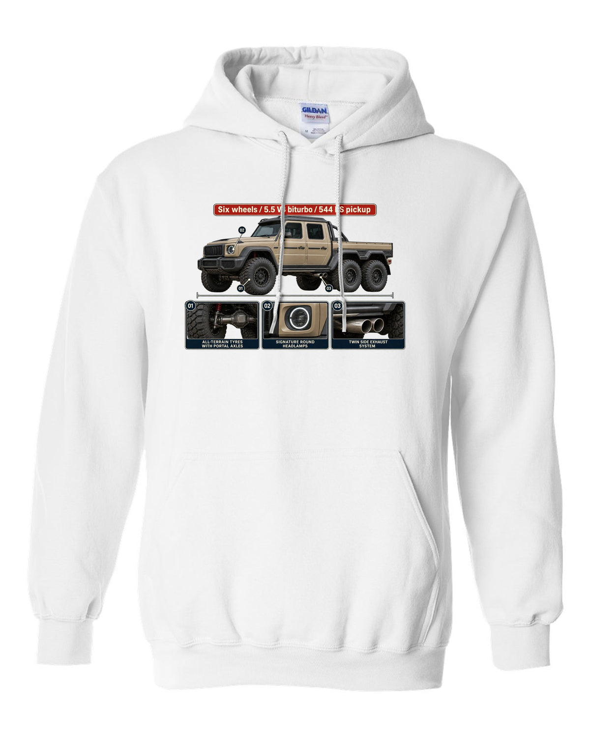 Dossier panel print of a Mercedes-Benz G63 AMG 6x6 W463 pickup white pull over hoodie front view with the design