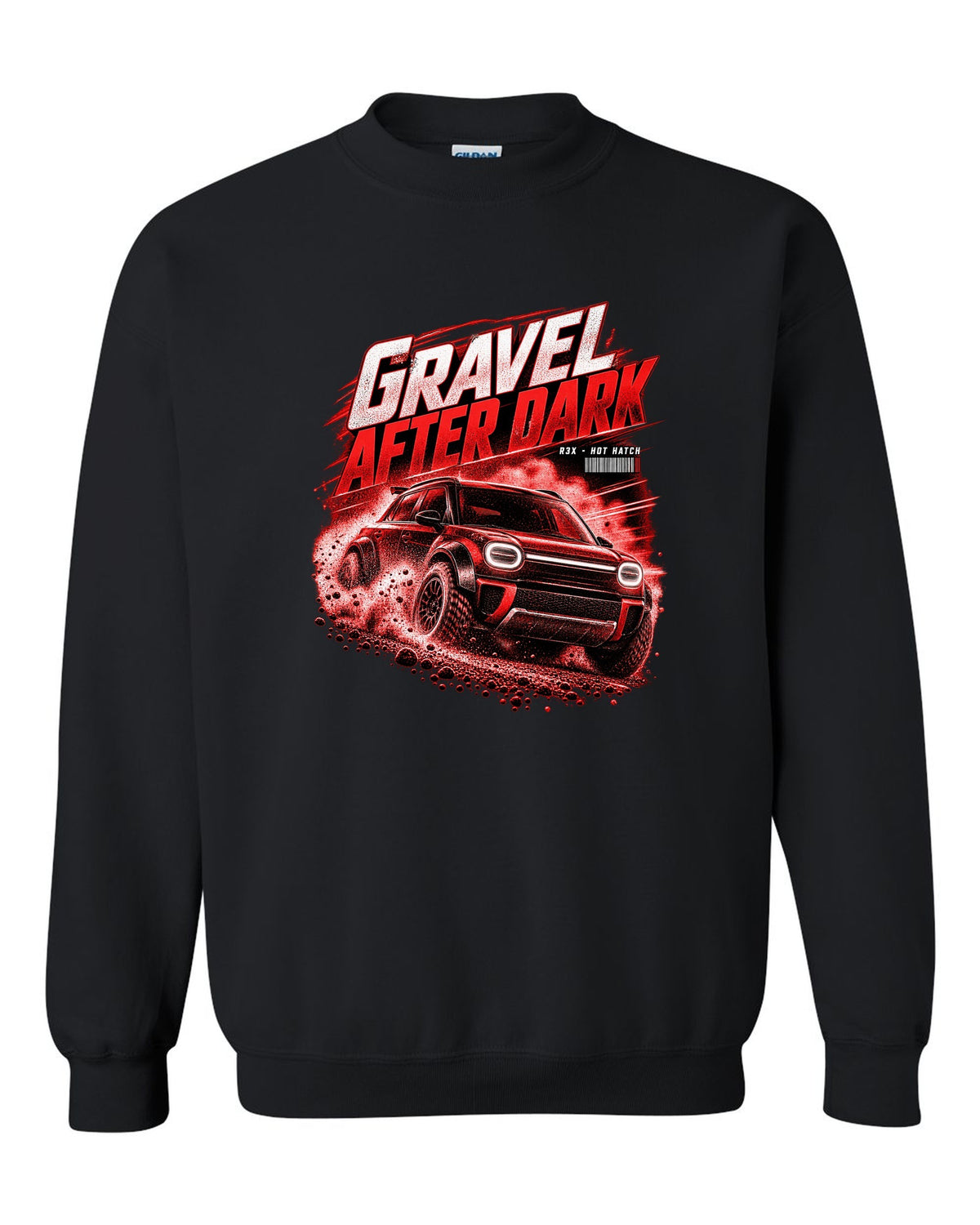 Rivian R3X hot ch with rally flares on a gravel road at night black crewneck front view with the design