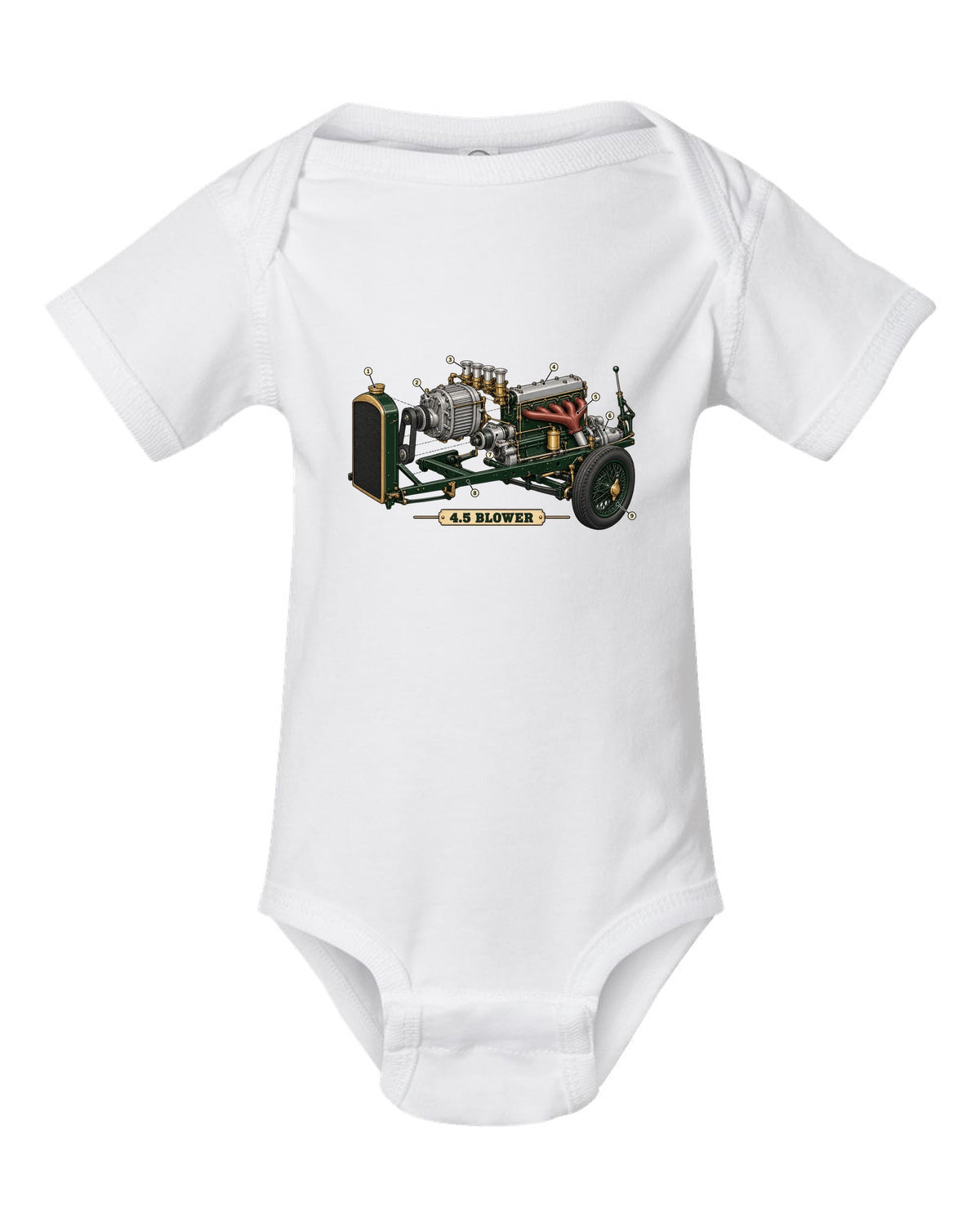 Exploded view diagram of the 1929 Bentley 4.5 Litre Blower supercharged engine with 4.5 BLOWER lettering white baby onesie front view with the design