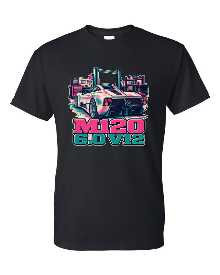 Two-colour risograph style illustration of a Pagani Zonda C12 with M120 6.0 V12 lettering black t-shirt front view with the design