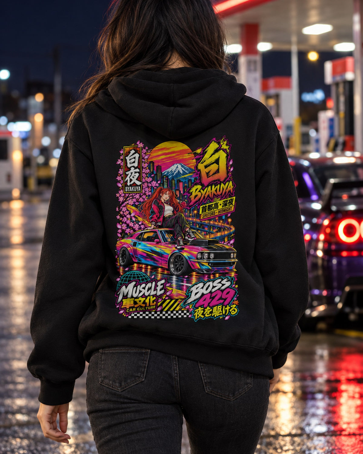 BYAKUYA BOSS 429 Anime Girl Full-Back Graphic Tee Pull Over Hoodie Black worn hero