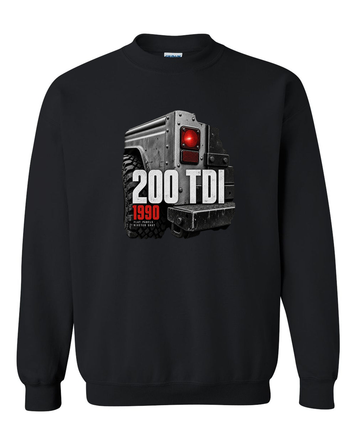 Land Rover Defender 200 Tdi taillight and riveted panel macro print black crewneck front view with the design