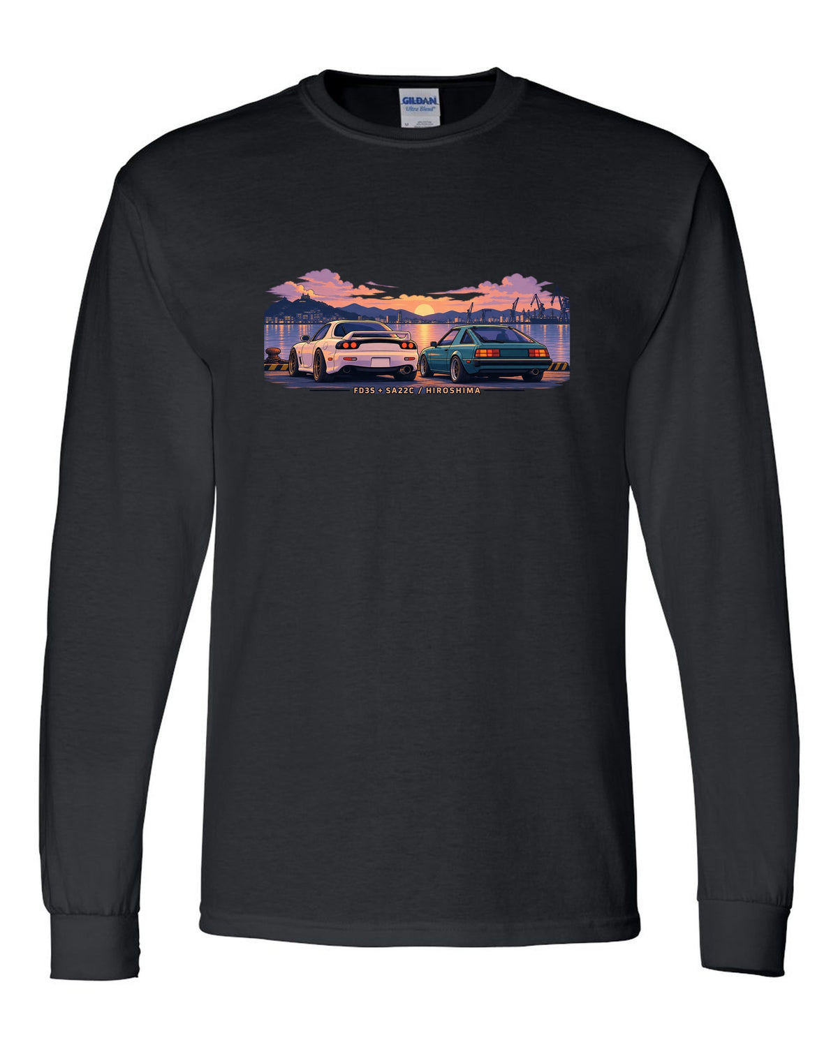 Ukiyo-e woodblock illustration of a Mazda RX-7 FD3S on a touge hairpin with 50/50 / 1280 KG lettering black long sleeve front view with the design