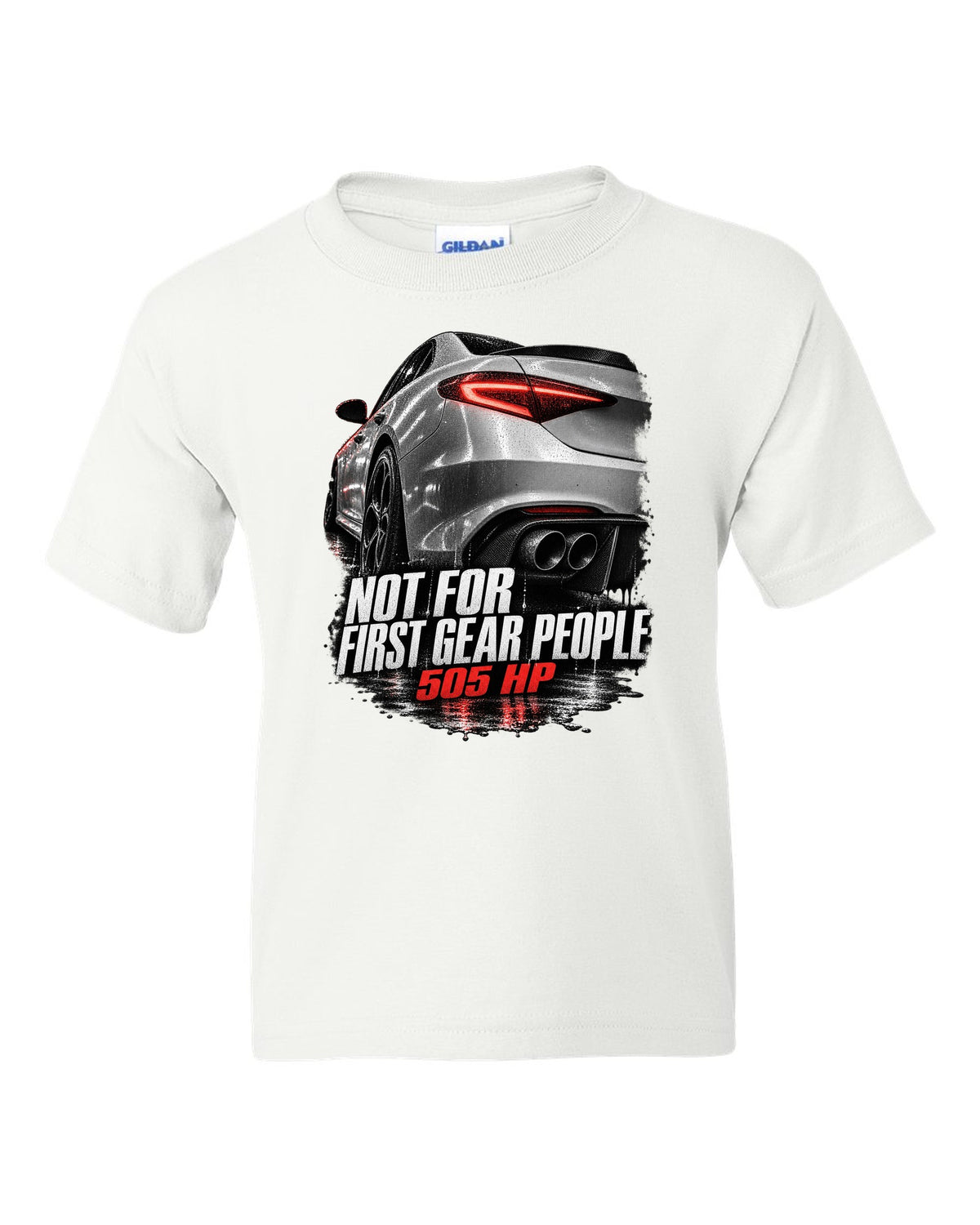 Taillight macro print of an Alfa Romeo Giulia Quadrifoglio with 505 HP text white kids tee front view with the design