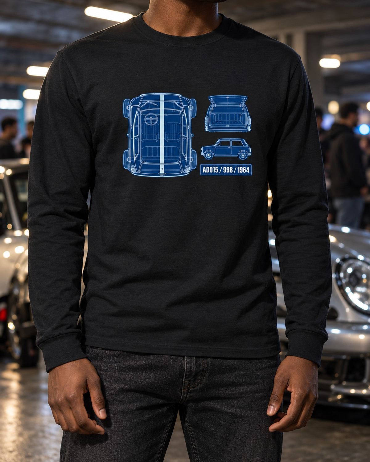 Mini Cooper Mk I ADO15 1964 Cyanotype Blueprint Shirt Long Sleeve Black worn hero
