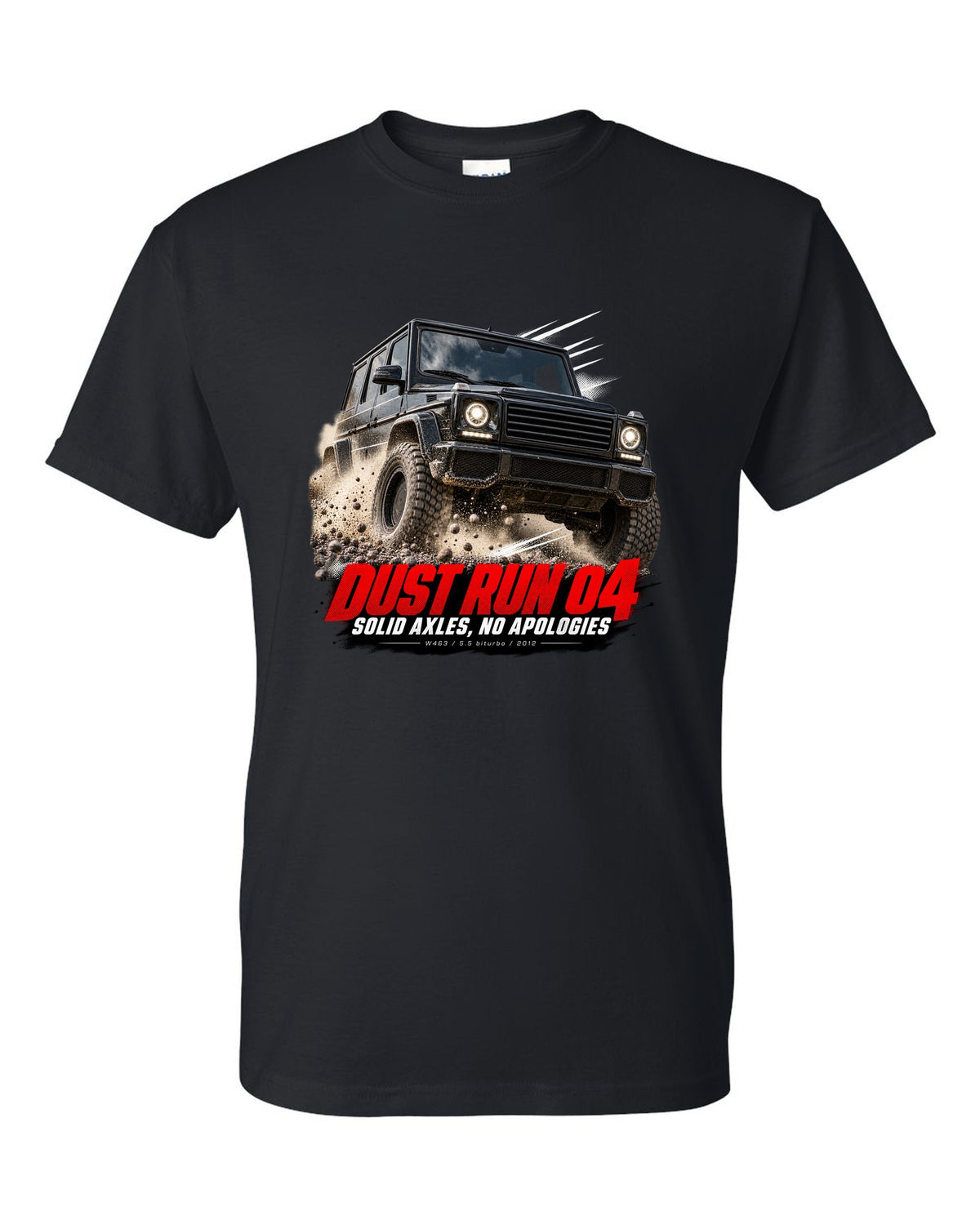 Race poster print of a Mercedes G63 AMG W463 with Dust Run 04 Solid Axles lettering black t-shirt front view with the design