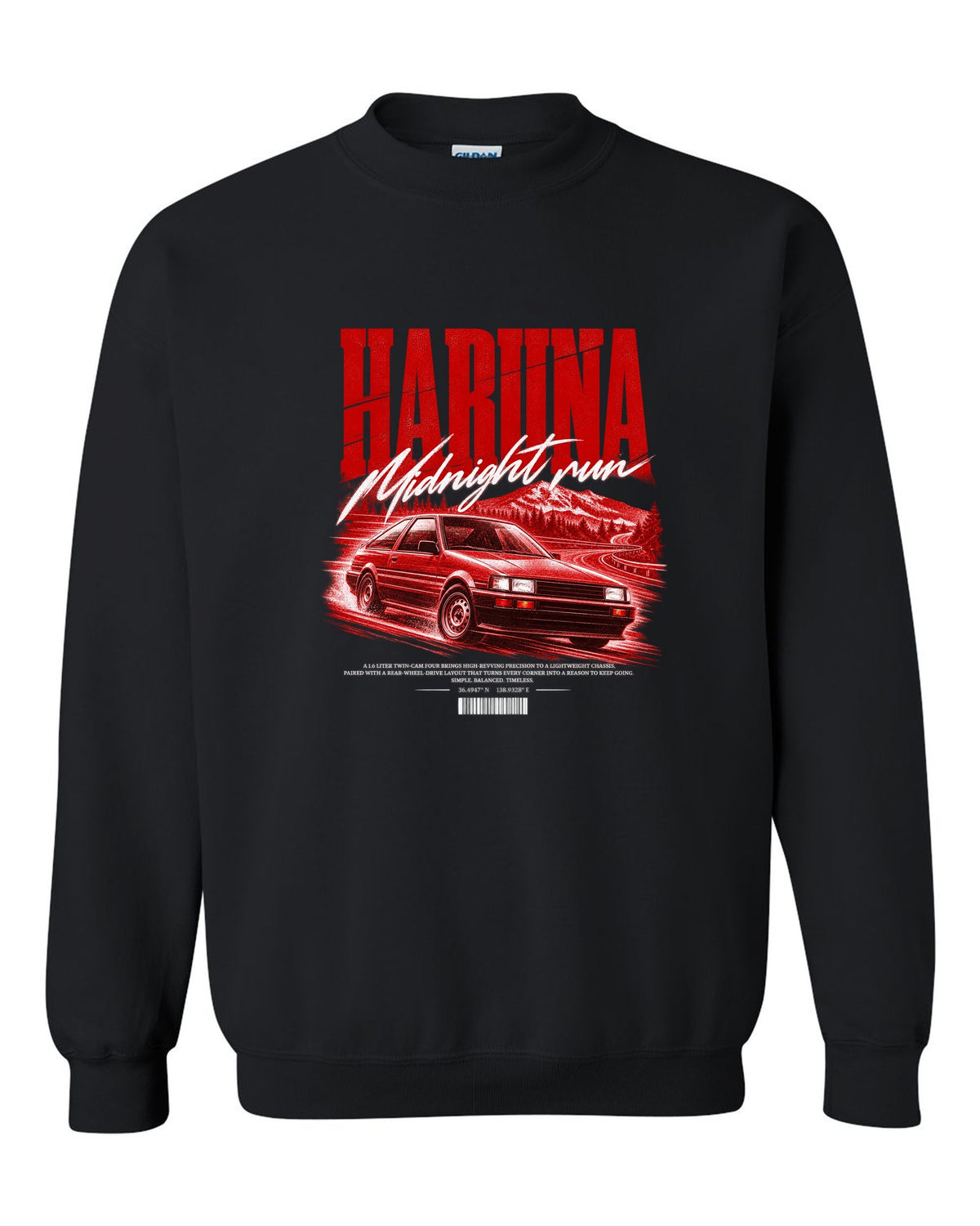 Street poster print of a Toyota Corolla Levin AE86 with the text Haruna Midnight Run black crewneck front view with the design