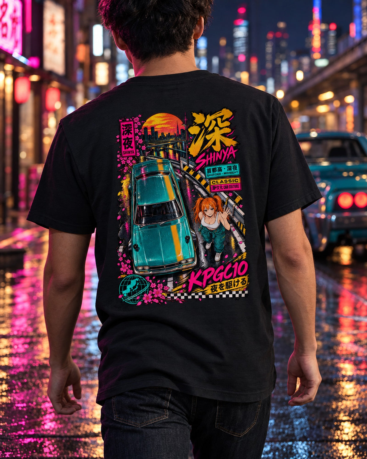 SHINYA KPGC10 Anime Girl Full-Back Graphic Tee T-Shirt Black worn hero