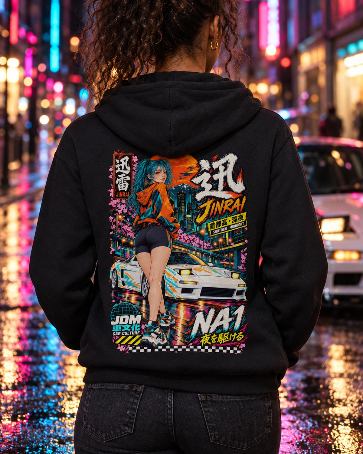 JINRAI NA1 Anime Girl Full-Back Graphic Tee Zip Hoodie Black worn hero