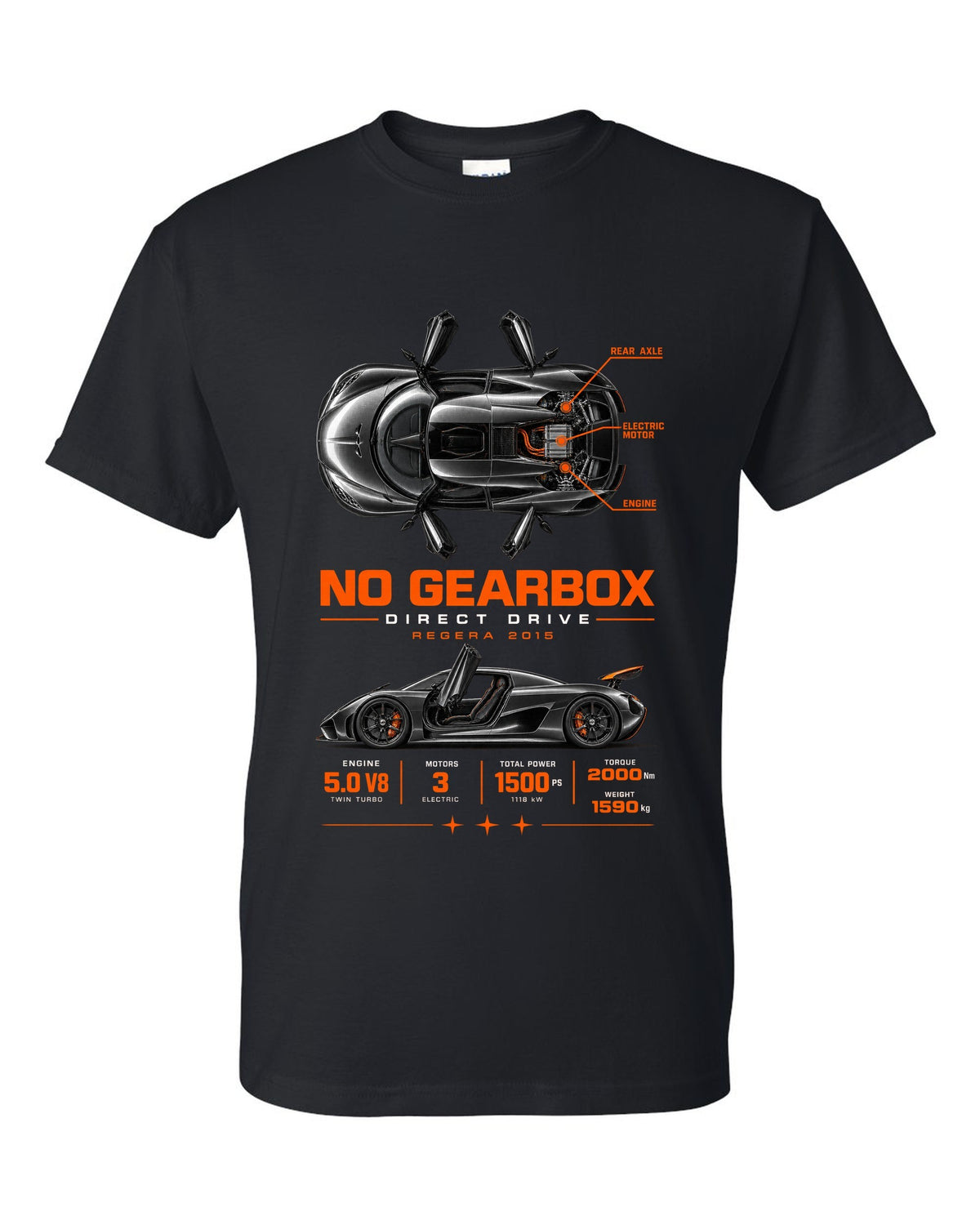 Koenigsegg Regera 2015 direct drive spec poster black t-shirt front view with the design