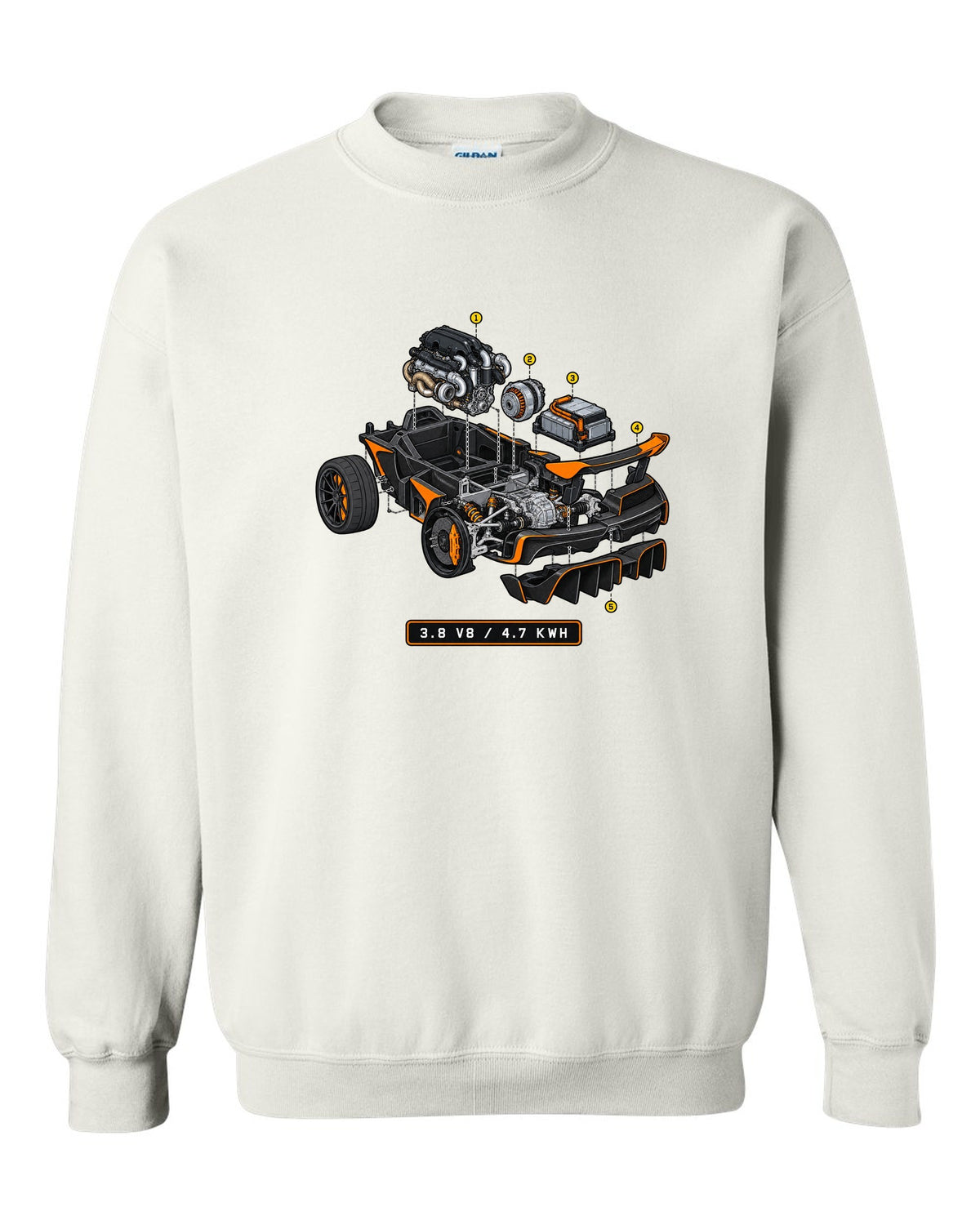 Exploded isometric cutaway print of the McLaren P1 with 3.8 V8 and 4.7 kWh lettering white crewneck front view with the design
