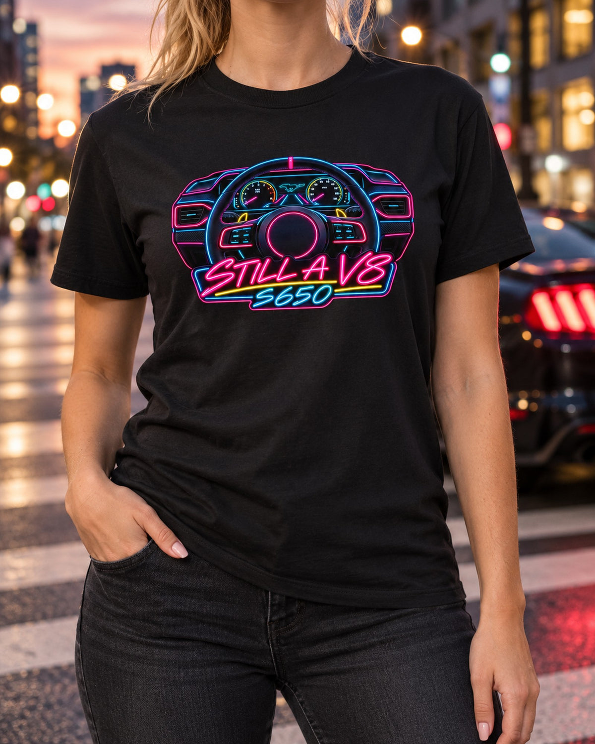 2024 S650 Mustang Neon Sign Shirt, Still A V8 Cluster Print T-Shirt Black worn hero